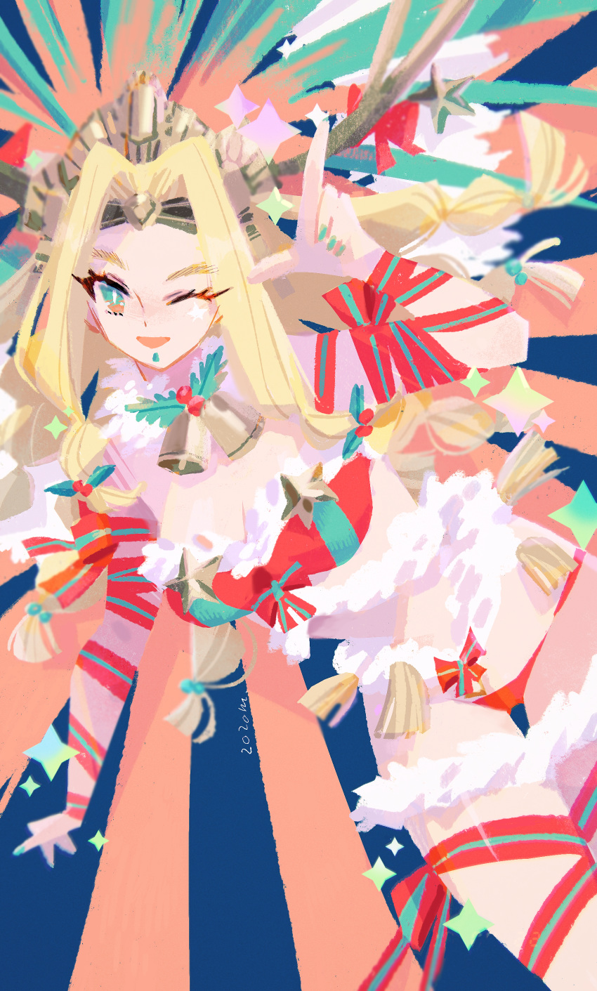 absurdres antlers bare_shoulders bell bikini blonde_hair breasts chin_piercing christmas cleavage fate/grand_order fate_(series) feathers female fur-trimmed_bikini fur_collar fur_trim green_eyes green_nails headdress highres horns large_breasts long_hair looking_at_viewer marina_(mrn9) one_eye_closed open_mouth parted_bangs quetzalcoatl_(fate) quetzalcoatl_(samba_santa)_(fate) red_bikini red_ribbon ribbon santa_bikini smile solo sunburst sunburst_background swimsuit thighs