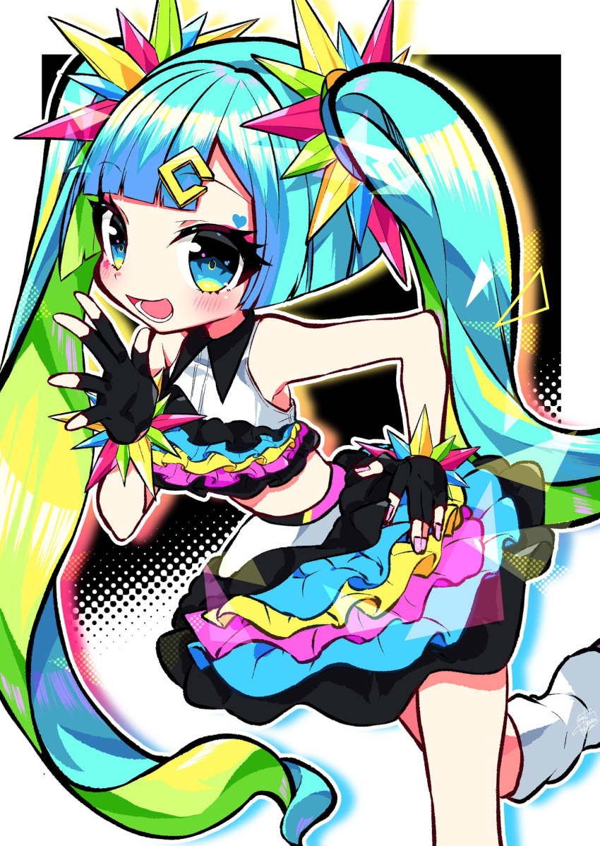 aqua_hair bare_shoulders black_gloves black_skirt blue_eyes blunt_bangs blush bracelet catch_the_wave_(vocaloid) commentary feet_out_of_frame female fingerless_gloves gloves hair_ornament hairclip hand_on_own_hip hand_up hatsune_miku highres jewelry kasaki_sakura layered_skirt leaning_forward leg_up looking_at_viewer multicolored_hair nail_polish open_mouth pink_nails skirt smile solo standing two-tone_hair vocaloid waving