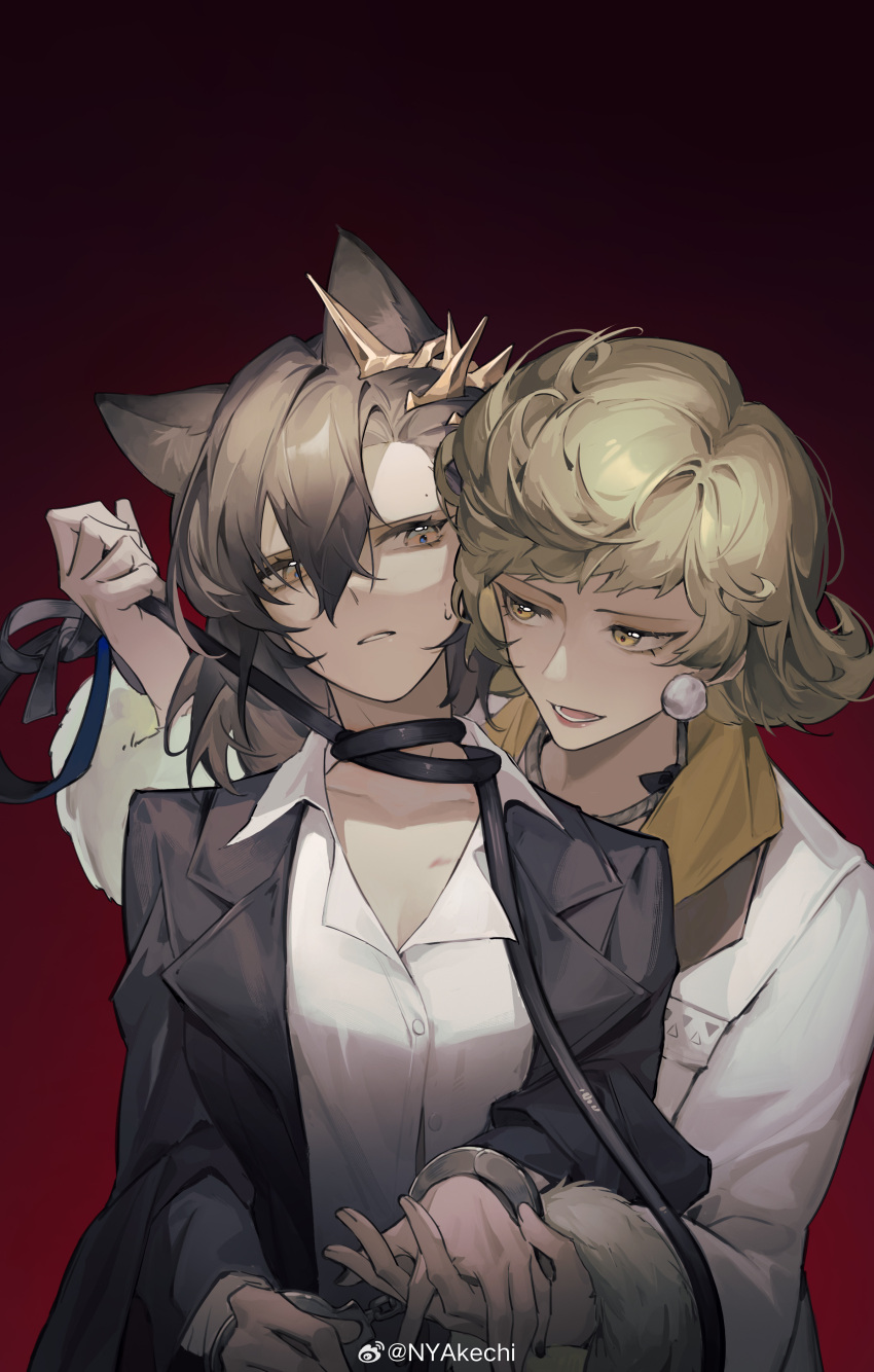 2girls absurdres akechi_(826988799) animal_ears arknights behind_another black_jacket blonde_hair bondage brown_hair collared_shirt crossover cuffs earrings facing_viewer fur-trimmed_sleeves fur_trim gradient_background hair_between_eyes hand_grab handcuffs hands_up highres holding holding_leash jacket jewelry leash long_hair long_sleeves looking_to_the_side mole mole_above_eye ms._newbabel multiple_girls necklace open_mouth penance_(arknights) red_background reverse:1999 rope_around_neck shirt short_hair sweat swept_bangs upper_body weibo_logo weibo_watermark white_jacket white_shirt wolf_ears wolf_girl yellow_eyes yuri