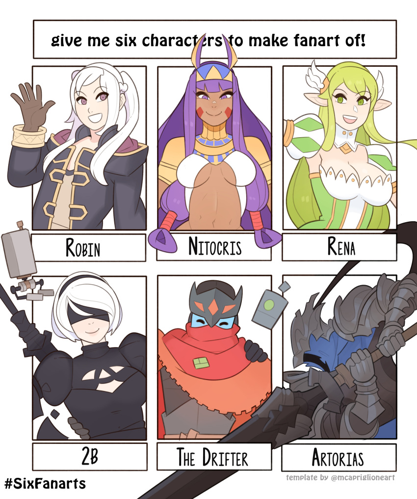 2b_(nier:automata) 2boys 4girls absurdres armor artorias_the_abysswalker blindfold blue_skin blunt_bangs breasts breasts_apart brown_eyes brown_gloves character_name cleavage closed_eyes colored_skin dark_skin dark_souls_(series) dark_souls_i elsword english_text fate/grand_order fate_(series) fire_emblem fire_emblem_awakening full_armor gloves grand_archer_(elsword) green_eyes green_hair hairband hand_up highres hyper_light_drifter knight large_breasts long_hair looking_at_viewer multiple_boys multiple_drawing_challenge multiple_girls nier:automata nier_(series) nitocris_(fate) open_mouth photoshop_(medium) pointy_ears purple_eyes purple_hair rena_erindel robin_(female)_(fire_emblem) robin_(fire_emblem) short_hair six_fanarts_challenge smile splashbrush the_drifter upper_body white_hair