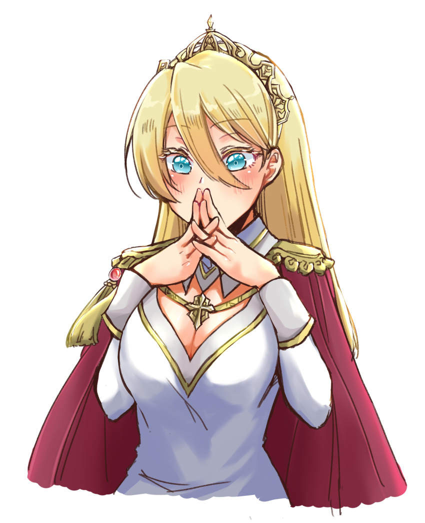 absurdres blonde_hair blue_eyes blush breasts cape cleavage cleavage_cutout clothing_cutout commentary_request female genderswap_(mtf) geordo_stuart hair_between_eyes hands_up highres large_breasts long_hair long_sleeves medium_breasts mutton_(user_hafp8324) otome_game_no_hametsu_flag_shika_nai_akuyaku_reijou_ni_tensei_shite_shimatta own_hands_together red_cape rule_63 simple_background solo tiara upper_body white_background