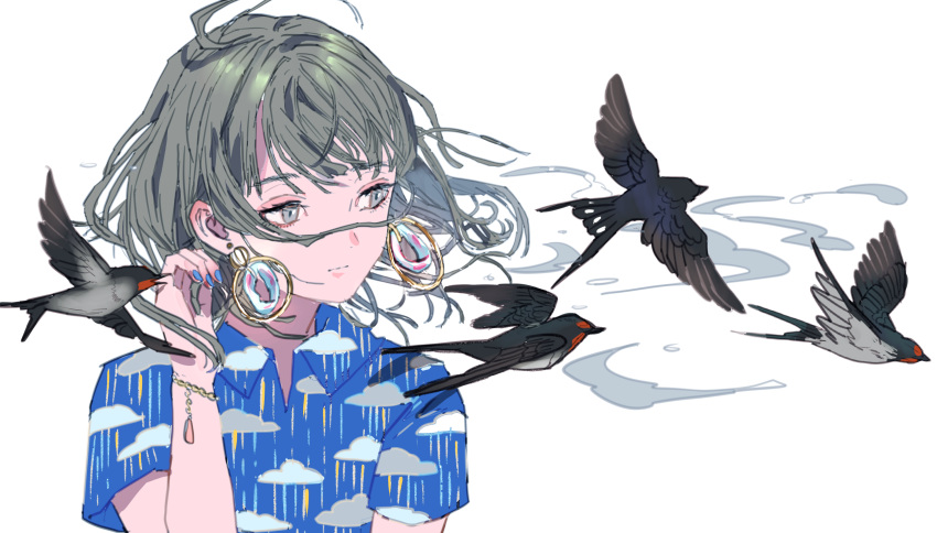 absurdres animal barn_swallow bird blue_nails blue_shirt buchi_(qooo003) cloud_print collared_shirt commentary_request earrings female floating_hair grey_eyes grey_hair hand_up highres jewelry looking_away looking_to_the_side nail_polish original print_shirt shirt short_sleeves solo spring_(season) upper_body white_background