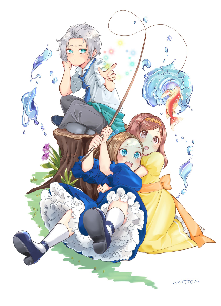 1boy 2girls :d :o absurdres alan_stuart blue_dress blue_eyes blue_footwear blue_necktie brown_eyes brown_hair commentary crossed_legs dress facial_mark fish fishing fishing_rod floating floating_object flower forehead_mark grass green_eyes grey_hair grey_pants head_rest highres katarina_claes lolicon long_hair magic mary_hunt multiple_girls mutton_(user_hafp8324) necktie open_mouth orange_sash otome_game_no_hametsu_flag_shika_nai_akuyaku_reijou_ni_tensei_shite_shimatta outdoors pants petticoat pointing pout sash shirt shoes short_sleeves simple_background sitting smile socks tree_stump water white_background white_legwear white_shirt yellow_dress