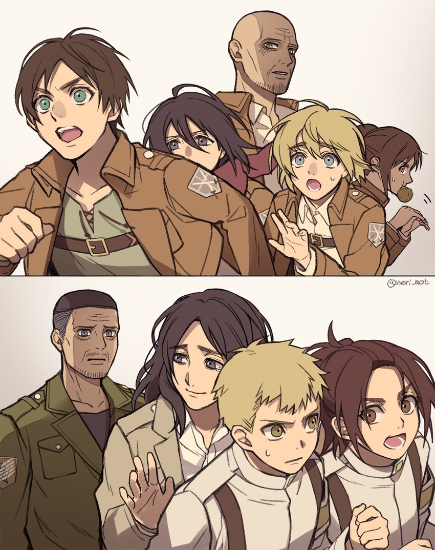 4girls 5boys armin_arlert bald brown_hair collared_jacket eren_yeager facial_hair falco_grice food_in_mouth gabi_braun goatee highres jacket keith_shadis leather leather_jacket marley_military_uniform mikasa_ackerman moustache multiple_boys multiple_girls neri_aot old old_man paradis_military_uniform pieck_finger running sad_smile sasha_blouse shingeki_no_kyojin short_hair spoilers stubble sweatdrop symbolism theo_magath undercut wrinkled_skin