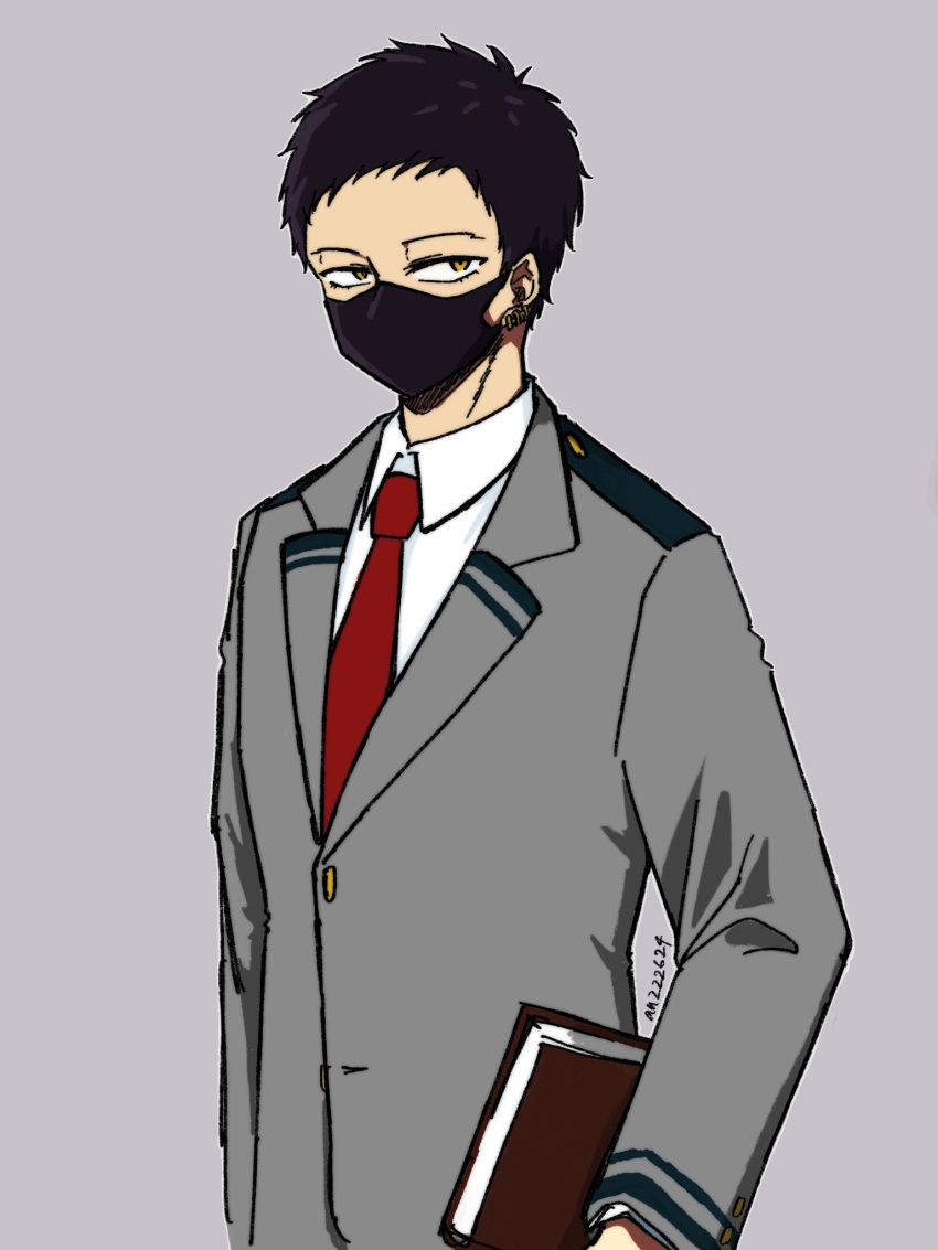 1boy alternate_costume anz_(anzzz624) bad_id bad_pixiv_id black_hair boku_no_hero_academia book brown_eyes collared_shirt commentary_request earrings grey_background grey_jacket highres holding jacket jewelry male_focus mask mouth_mask necktie overhaul_(boku_no_hero_academia) red_necktie school_uniform shirt short_hair simple_background solo u.a._school_uniform upper_body white_shirt