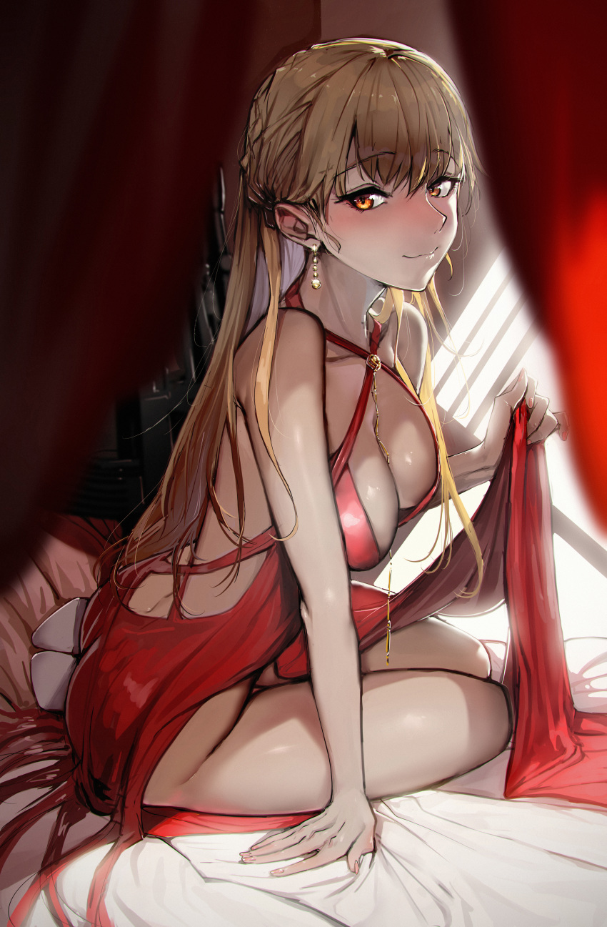 absurdres bed bed_sheet blonde_hair blush breasts cleavage clothes_lift commentary dress dress_lift earrings female girls'_frontline gun highres jewelry korean_commentary large_breasts lifting_own_clothes long_hair no_panties nose_blush official_alternate_costume on_bed orange_eyes ots-14_(girls'_frontline) ots-14_(ruler_of_the_banquet)_(girls'_frontline) red_dress sd_bigpie sitting smile solo weapon