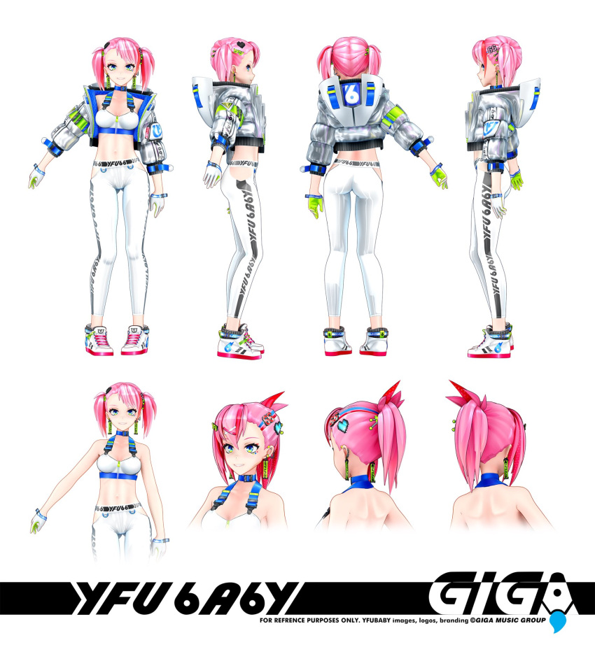 3d blue_eyes breasts character_name cleavage crop_top digitrevx earrings female gloves green_gloves grey_jacket hair_ornament heart heart_hair_ornament highres hood hooded_jacket indie_virtual_youtuber jacket jewelry leggings medium_breasts multiple_views official_art open_hand pink_hair ponytail reference_sheet smile sports_bra twintails virtual_youtuber white_legwear white_sports_bra yfu