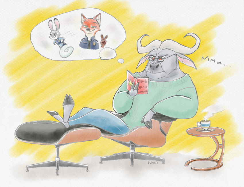 2020 anthro book bovid bovine canid canine cape_buffalo chief_bogo container cup disney eyewear fox gesture glasses hand_gesture hb_runo hi_res holding_book holding_object horn judy_hopps lagomorph leporid mammal nick_wilde rabbit reclining red_fox simple_background sitting thought_bubble true_fox v_sign zootopia