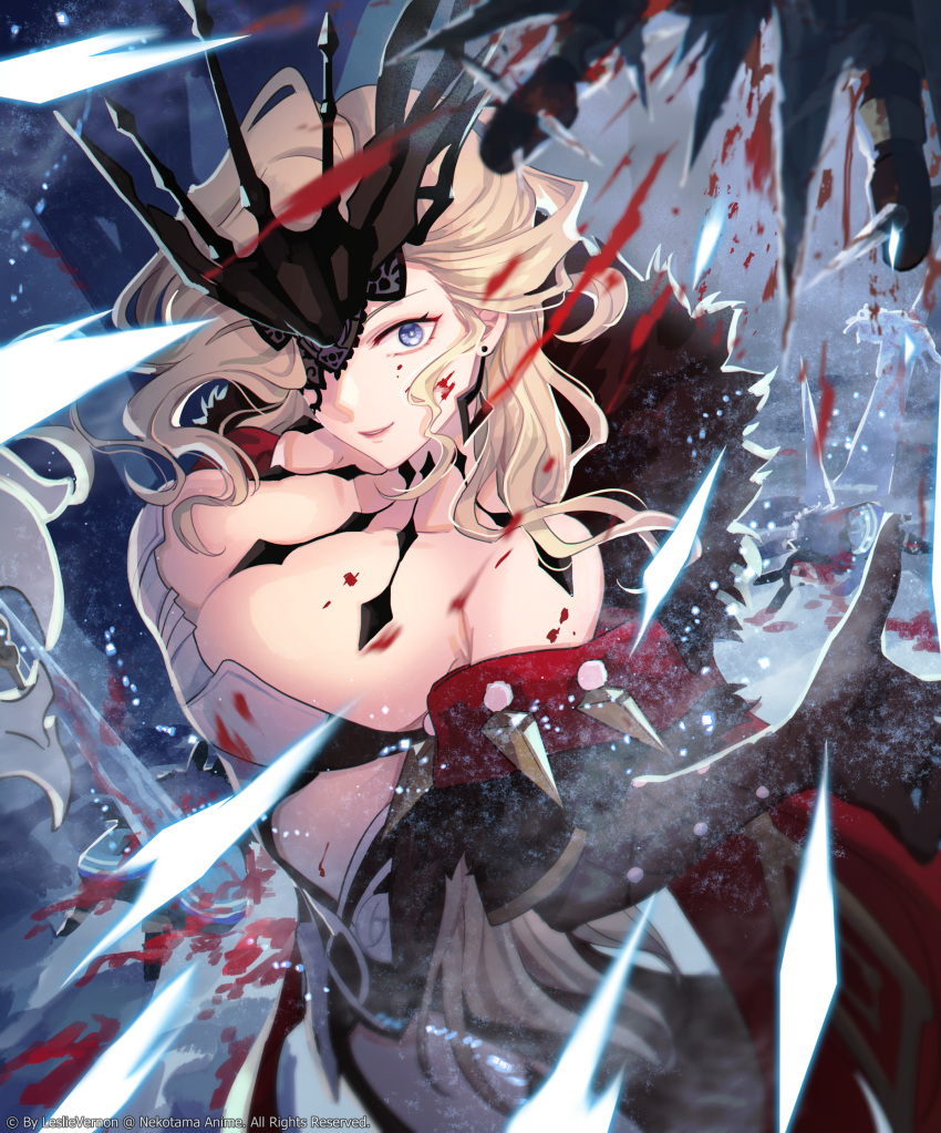 abyss_mage_(genshin_impact) blonde_hair blood blue_eyes breasts cleavage coat commission commissioner_upload dangle_earrings earrings female fur-trimmed_coat fur_trim genshin_impact highres ice jewelry lace-trimmed_eyepatch large_breasts mask mask_over_one_eye naozi one_eye_covered signora_(genshin_impact) snow solo