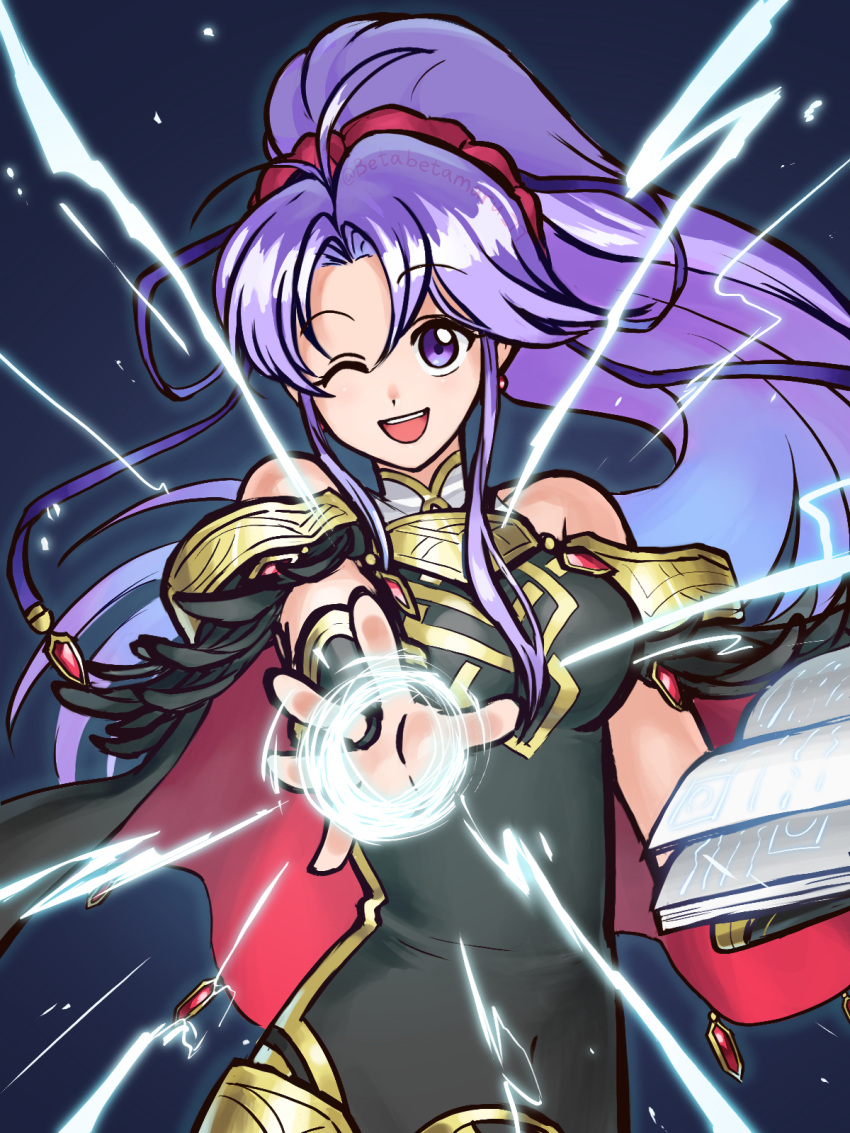 alternate_costume bare_shoulders betabetamaru black_dress black_feathers blue_ribbon book cape dark_background dress earrings feathers female fire_emblem fire_emblem:_genealogy_of_the_holy_war fire_emblem_heroes hair_ornament hair_ribbon hairband highres holding holding_book jewelry long_hair looking_at_viewer magic official_alternate_costume one_eye_closed open_mouth outstretched_hand ponytail purple_eyes purple_hair red_hairband ribbon sidelocks solo tailtiu_(fire_emblem) tailtiu_(resplendent)_(fire_emblem) teeth twitter_username upper_teeth_only very_long_hair