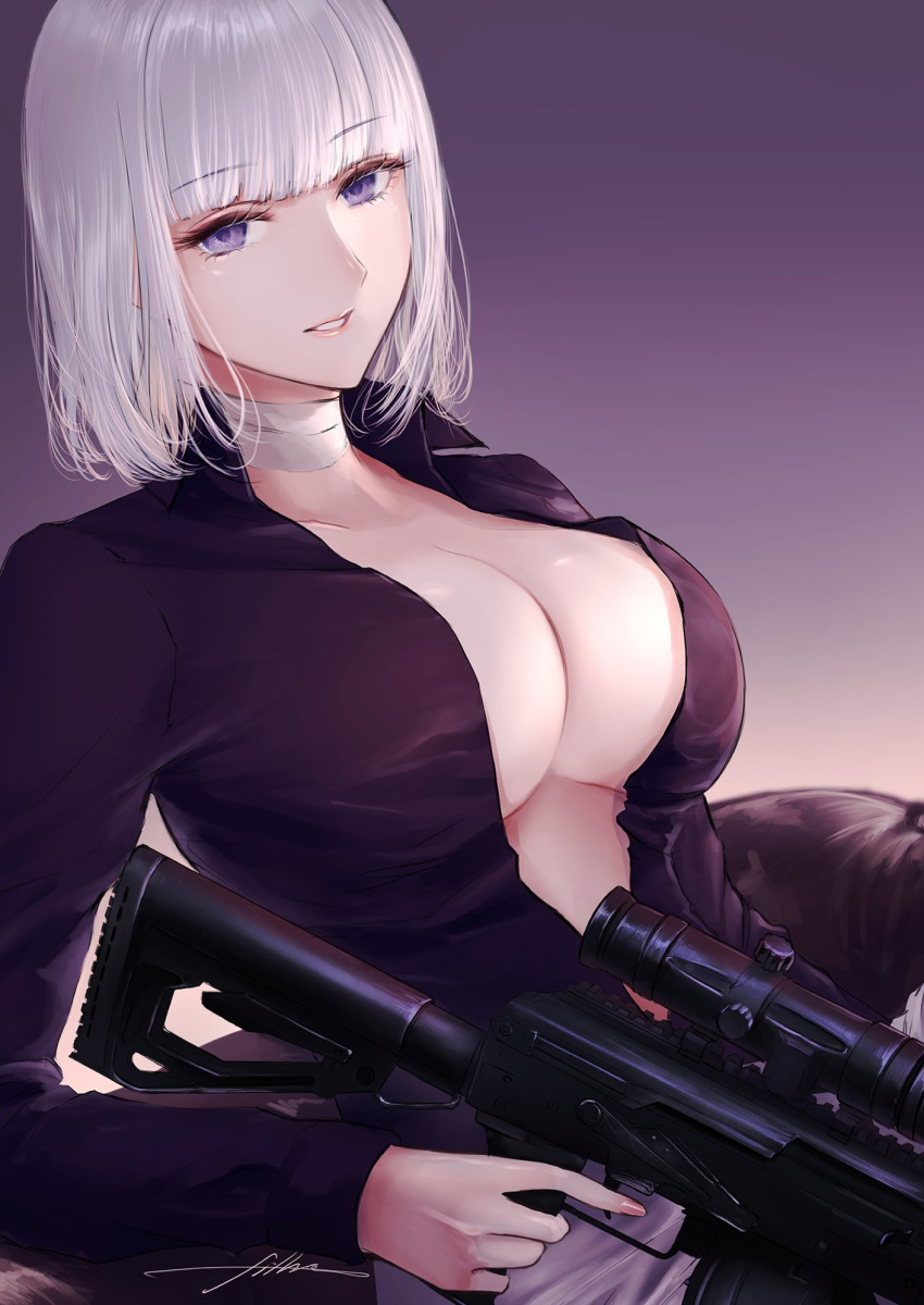 artist_name bandaged_neck bandages breasts cleavage collarbone female filha girls'_frontline gun highres holding holding_weapon korean_commentary light_machine_gun lips looking_at_viewer medium_breasts medium_hair official_alternate_costume open_clothes open_shirt purple_eyes purple_shirt rpk-16 rpk-16_(girls'_frontline) rpk-16_(renate)_(girls'_frontline) shirt simple_background smile solo weapon white_hair