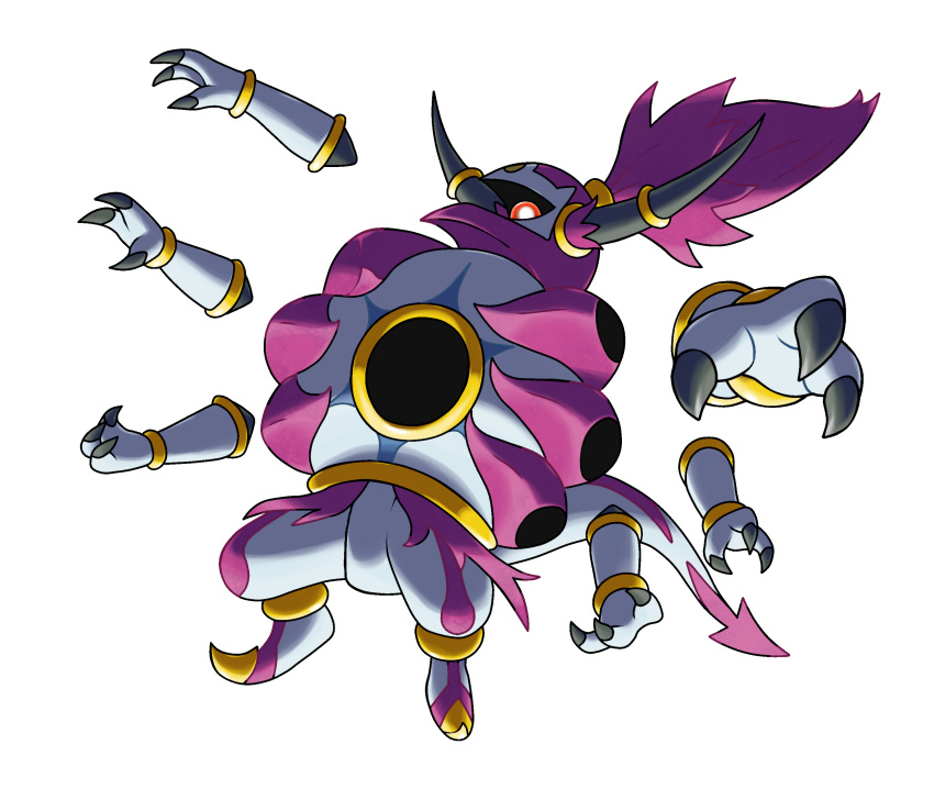 absurdres black_horns bright_pupils claws colored_skin commentary english_commentary extra_arms full_body glowing glowing_eyes grey_skin highres hoopa hoopa_(unbound) horns hyshirey long_hair one-eyed pokemon pokemon_(creature) ponytail purple_hair purple_skin red_eyes simple_background solo standing tail transparent_background underlighting white_pupils