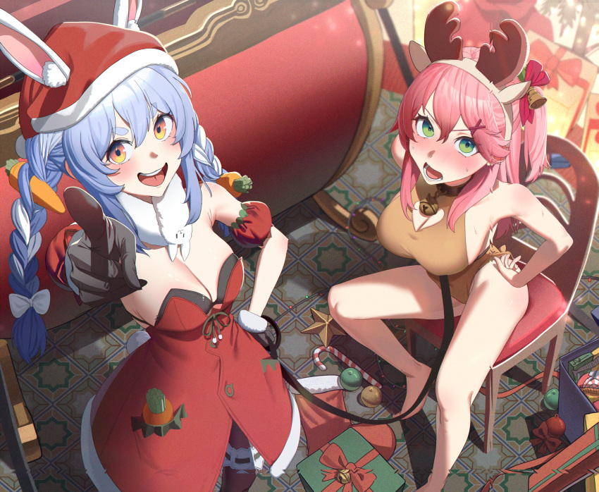 2girls absurdres alternate_costume animal_costume animal_ears artistic_error bare_shoulders bell black_gloves blue_hair blush braid breasts carrot_hair_ornament chair christmas cleavage cleavage_cutout clothing_cutout food-themed_hair_ornament gift gloves green_eyes hair_ornament hairclip hat highres hololive jiki_(gkdlfnzo1245) leash looking_at_viewer multiple_girls neck_bell open_mouth pink_hair rabbit_ears reindeer_costume reindeer_hair_ornament sakura_miko santa_costume santa_hat sitting usada_pekora virtual_youtuber x_hair_ornament