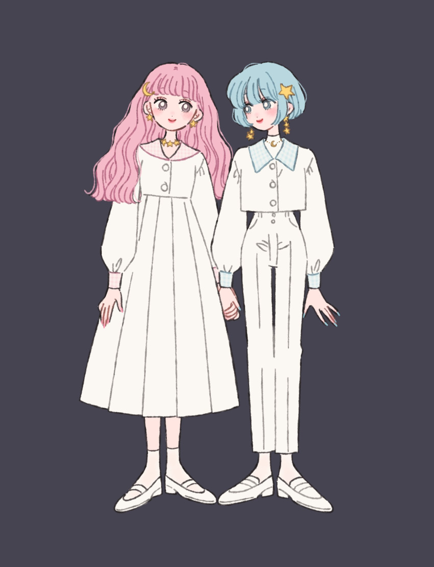 2girls black_background blue_eyes blue_hair bob_cut crescent crescent_hair_ornament crescent_necklace crop_top dress earrings formal genderswap_(mtf) grey_eyes hair_ornament high-waist_pants highres holding_hands jewelry kiki_(little_twin_stars) lala_(little_twin_stars) light_blue_hair little_twin_stars long_hair long_sleeves looking_at_another matching_outfits multiple_girls necklace pants pink_hair puffy_long_sleeves puffy_sleeves rikuwo rule_63 sailor_collar sailor_dress sailor_shirt sanrio shirt short_hair siblings sisters socks star_(symbol) star_earrings star_hair_ornament star_necklace straight_hair twins undershirt white_dress white_footwear white_theme