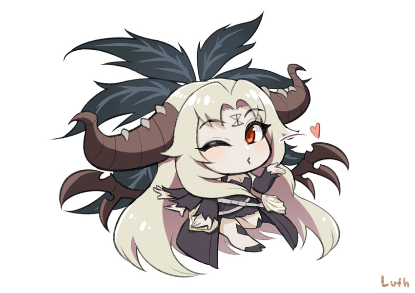 absurdly_long_hair black_dress blonde_hair blowing_kiss blush chaos_(warhammer) chibi detached_sleeves dress enteka_(khornette_quest) extra_arms facial_mark female forehead_mark hand_up heart hooves horns khornette_quest long_hair long_sleeves looking_at_viewer lutherniel monster_girl one_eye_closed red_eyes signature simple_background smile solo very_long_hair warhammer_40k white_background