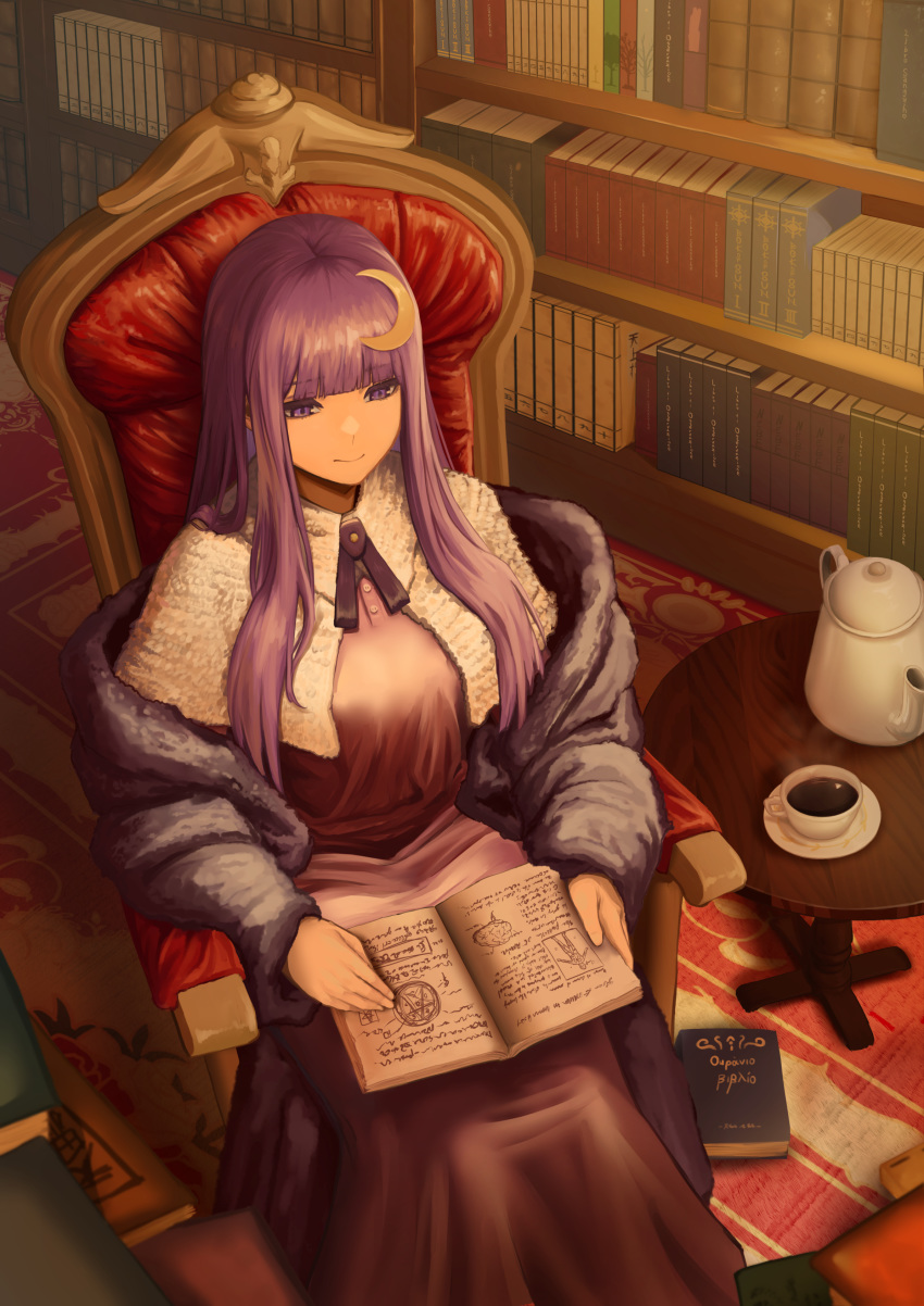 absurdres alternate_costume blunt_bangs book bookshelf breasts capelet carpet chair closed_mouth crescent crescent_hair_ornament cup dress dryseaweed expressionless female from_above hair_ornament highres indoors korean_commentary large_breasts long_hair no_headwear patchouli_knowledge purple_dress purple_eyes purple_hair reading saucer sidelocks sitting solo table tea teacup teapot touhou white_capelet