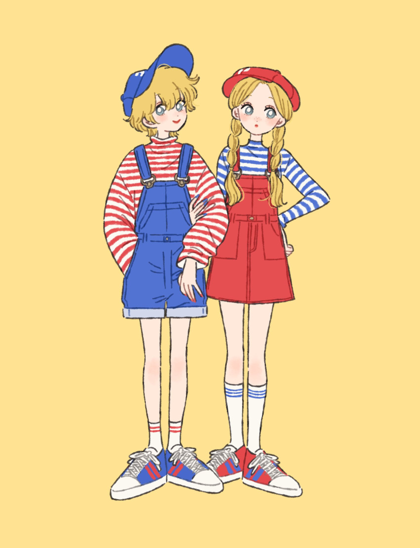 2girls baseball_cap blonde_hair blue_eyes blue_headwear blue_nails blue_overalls blue_shirt braid bright_pupils bubble character_request hand_on_own_hip hat highres locked_arms long_sleeves matching_outfits multiple_girls overall_shorts overall_skirt overalls red_headwear red_lips red_nails red_overalls red_shirt reverse_palettes rikuwo sanrio shirt shoes short_hair sneakers socks striped_clothes striped_shirt striped_socks turtleneck twin_braids twintails white_pupils white_shirt yellow_background