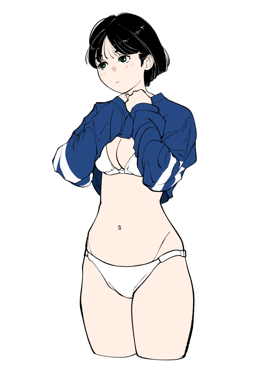 bikini black_eyes black_hair blue_jacket breasts cropped_legs female groin highres jacket jacket_rolled_up navel original sakamoto_giulietta short_hair simple_background solo standing swimsuit swimsuit_under_clothes undressing white_background white_bikini