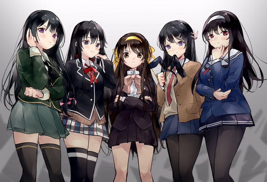 5girls alternate_hair_length alternate_hairstyle animal_ears ascot bad_id bangs black_ascot black_hair black_hairband black_jacket black_legwear black_necktie blazer blue_eyes blue_serafuku blue_skirt blush boku_wa_tomodachi_ga_sukunai bow bowtie brown_eyes brown_hair brown_jacket brown_skirt closed_mouth commentary_request crossed_arms crossover eyebrows_visible_through_hair fake_animal_ears green_jacket green_skirt hair_between_eyes hair_ornament hair_ribbon hairband hairband_removed hairclip hand_on_own_cheek hand_on_own_chin hand_on_own_face hand_on_own_head holding_hairband jacket kasumigaoka_utaha kouyouen_academy_uniform long_hair long_sleeves looking_at_viewer memidesuyo mikazuki_yozora multiple_crossover multiple_girls necktie non-web_source open_clothes open_jacket pantyhose pink_bow pink_bowtie plaid plaid_skirt pocket purple_eyes rabbit_ears red_bow red_bowtie red_necktie red_ribbon ribbon sailor_collar sakurajima_mai school_uniform seishun_buta_yarou serafuku shirt sidelocks skirt smile sobu_high_school_uniform st._chronica_academy_uniform suzumiya_haruhi suzumiya_haruhi_no_shoushitsu suzumiya_haruhi_no_yuuutsu sweater_vest thighhighs vest white_hairband white_sailor_collar white_shirt yahari_ore_no_seishun_lovecome_wa_machigatteiru. yellow_hairband yellow_ribbon yellow_vest yukinoshita_yukino zettai_ryouiki