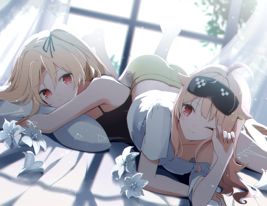 2girls a.a_(aa772) ahoge alternate_costume azur_lane bare_shoulders blonde_hair camisole cleveland_(azur_lane) columbia_(azur_lane) curtains flower hair_ribbon hand_up highres hugging_object legs_up long_hair multiple_girls on_bed on_person one_eye_closed one_side_up pillow pillow_hug red_eyes ribbon rubbing_eyes shirt shorts sleep_mask white_flower white_shirt window