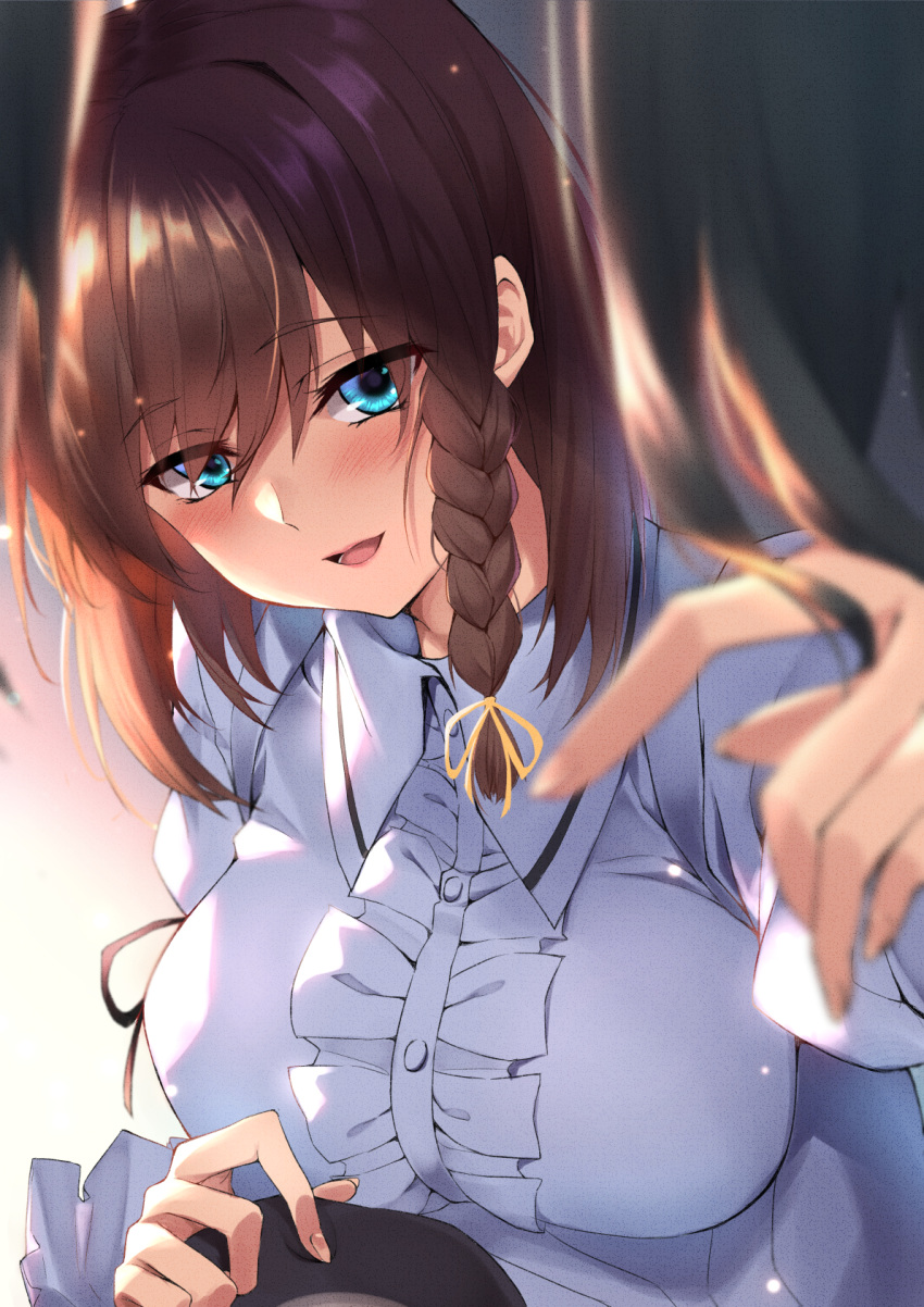 blurry blurry_foreground braid breasts brown_hair charlotte_corday_(fate) charlotte_corday_(third_ascension)_(fate) fate/grand_order fate_(series) female fingernails frilled_shirt frills hair_ribbon hat highres juliet_sleeves kagari_liroi large_breasts long_sleeves pov puffy_sleeves ribbon shirt smile solo_focus unworn_hat unworn_headwear yellow_ribbon