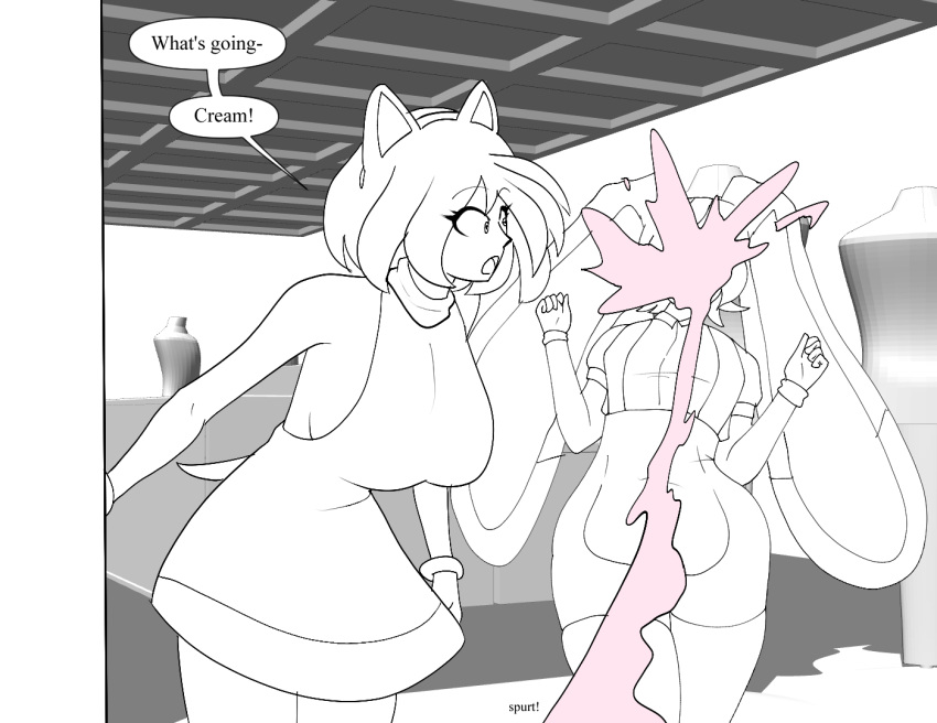 amy_rose animal_humanoid big_breasts blush bodily_fluids body_size_growth bottomwear bracelet breasts cleavage clothed clothing cream_the_rabbit curvy_female curvy_figure dialogue duo english_text eulipotyphlan eulipotyphlan_humanoid exclamation_point female fur gigajule5_(artist) hair hedgehog hedgehog_humanoid hourglass_figure human humanoid jewelry lactating lagomorph lagomorph_humanoid leporid leporid_humanoid long_ears male mammal mammal_humanoid milk partially_colored projectile_lactation rabbit rabbit_humanoid sega side_boob size_transformation sonic_the_hedgehog_(series) sound_effects speech_bubble tail text thick_thighs transformation wide_hips