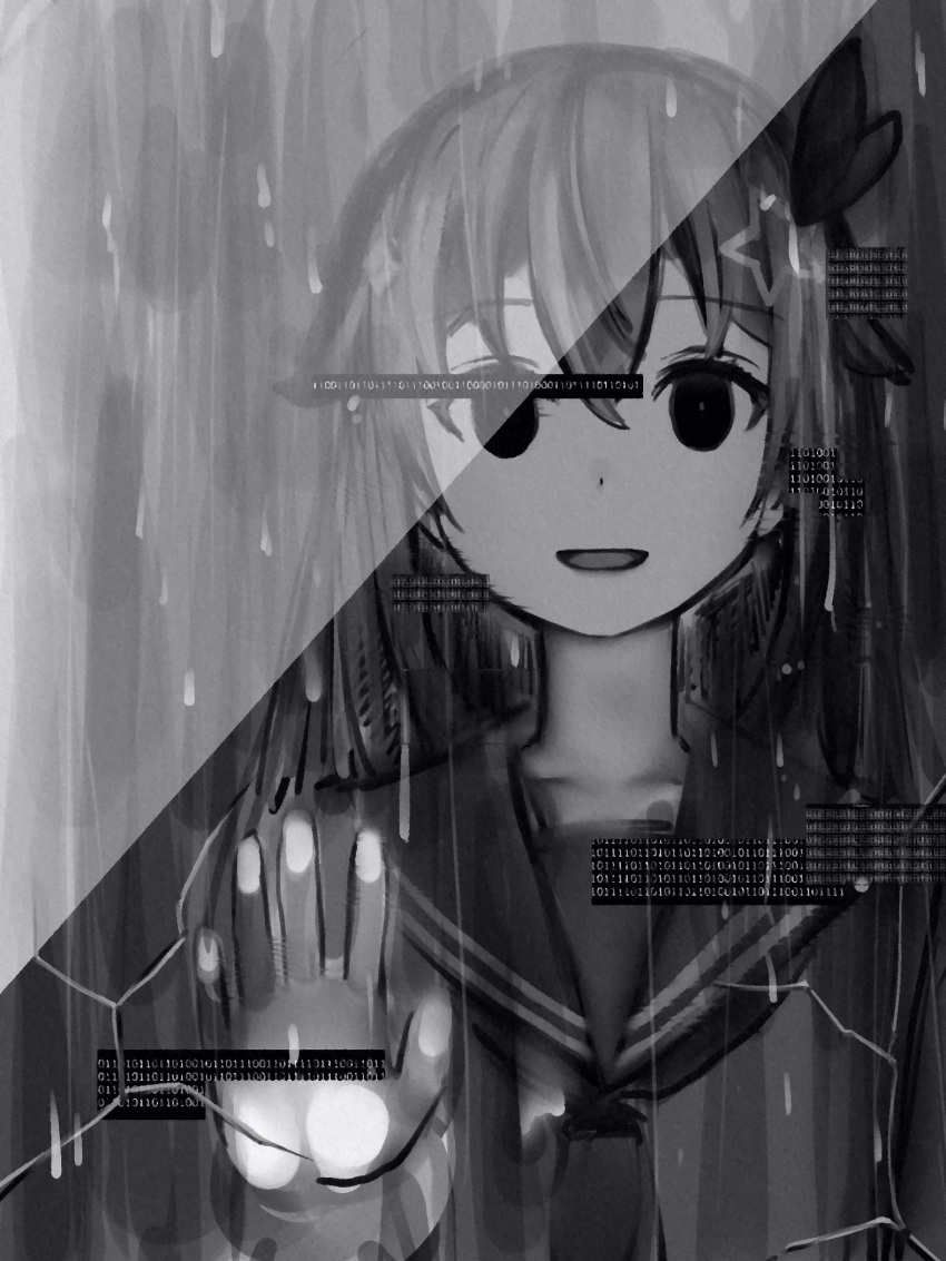 :d against_fourth_wall against_glass aogami_high_school_uniform bad_id bad_pixiv_id binary bow crack cracked_glass dot_nose empty_eyes female glitch greyscale hair_between_eyes hair_flaps hair_ornament hair_ribbon hairbow hand_up highres hololive hololive_error horror_(theme) long_hair looking_at_viewer monochrome nanashi_(nlo) official_alternate_costume open_mouth ribbon school_uniform serafuku smile solo star_(symbol) star_hair_ornament tokino_sora virtual_youtuber