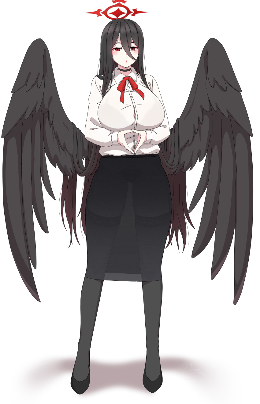 absurdres alternate_costume black_choker black_footwear black_hair black_skirt black_wings blue_archive bow bowtie breasts choker commentary feathered_wings female finger_touching full_body hair_between_eyes halo hasumi_(blue_archive) high_heels highres korean_commentary large_breasts large_wings long_bangs long_hair long_sleeves looking_at_viewer majinmallow mole mole_under_eye own_hands_together pantyhose parted_lips pencil_skirt red_bow red_bowtie red_eyes see-through see-through_skirt shirt sidelocks simple_background skirt solo standing white_background white_shirt wings