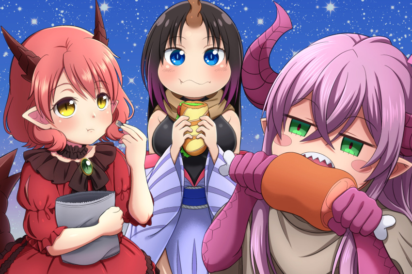 3girls black_hair blue_eyes blush_stickers boned_meat breasts brown_scarf chips_(food) choker commentary_request crossover dragon_girl dragon_horns dragon_tail dress eating elma_(maidragon) fafnir_guildmelag_linda_blair_hanako food gradient_hair green_eyes highres horns japanese_clothes jougenmushi kemonomichi kimono kobayashi-san_chi_no_maidragon meat medium_breasts meikyuu_black_company multicolored_hair multiple_crossover multiple_girls off_shoulder pink_hair pointy_ears potato_chips purple_hair red_dress red_hair rimu_(meikyuu_black_company) sandwich scales scarf sharp_teeth single_horn species_connection submarine_sandwich tail teeth trait_connection yellow_eyes