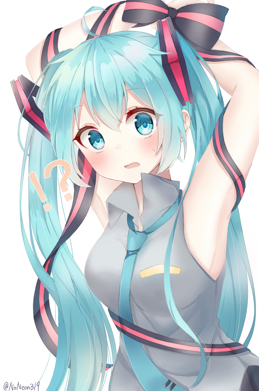 !? absurdres aqua_eyes aqua_hair aqua_necktie armpits arms_up bare_shoulders black_skirt blush bound bound_arms bow bowtie female grey_shirt hair_ornament hatsune_miku highres long_hair looking_at_viewer necktie noneon319 open_mouth ribbon shirt skirt sleeveless sleeveless_shirt solo striped striped_bow striped_ribbon surprised twintails twitter_username upper_body very_long_hair vocaloid white_background wide-eyed