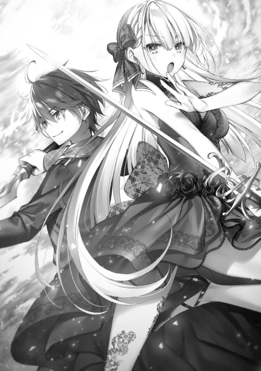 1boy :o bow breasts closed_mouth dress earrings excalibur_academy_uniform female floating_hair greyscale hairbow high_heels highres holding holding_sword holding_weapon jacket jewelry leonis_death_magnus long_hair long_sleeves medium_breasts monochrome non-web_source novel_illustration official_art pants pumps riselia_ray_crystalia seiken_gakuin_no_maken_tsukai short_dress sleeveless sleeveless_dress smile sword toosaka_asagi very_long_hair weapon