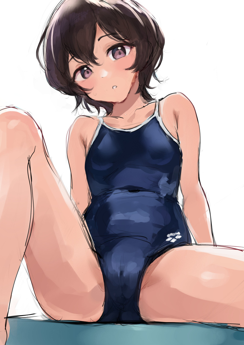 absurdres arena_(company) bad_id bad_twitter_id black_hair blue_one-piece_swimsuit breasts competition_school_swimsuit covered_navel feet_out_of_frame female head_tilt highres inactive_account labotamochi logo looking_at_viewer one-piece_swimsuit original red_eyes school_swimsuit short_hair simple_background small_breasts solo spread_legs swimsuit white_background