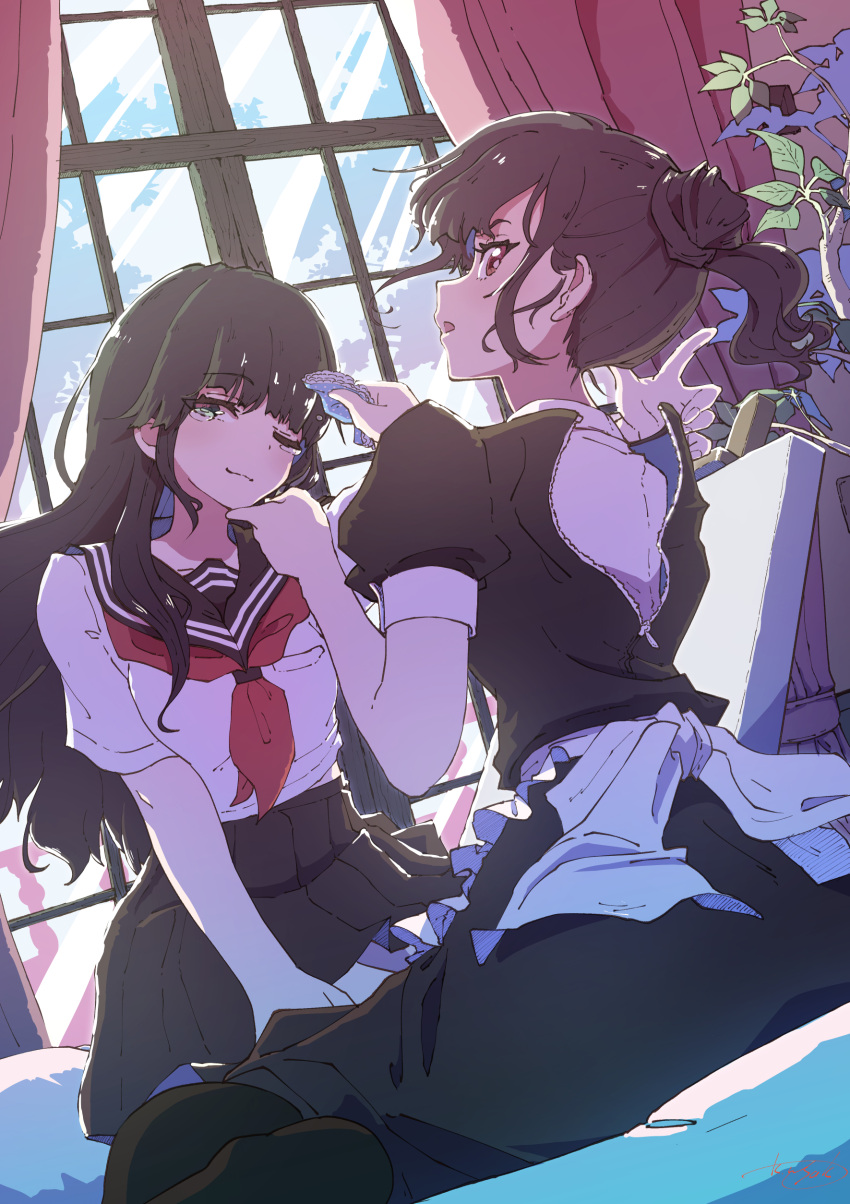 2girls absurdres apron black_dress black_hair black_sailor_collar black_skirt brown_eyes brown_hair closed_mouth commentary_request curtains dress dutch_angle hair_bun hand_on_another's_chin handkerchief haruka_(kagawa_yuusaku) highres holding holding_handkerchief indoors kagawa_yuusaku long_hair looking_at_viewer looking_back maid maid_apron miu_(kagawa_yuusaku) multiple_girls neckerchief on_bed one_eye_closed original pantyhose parted_lips partially_unzipped puffy_short_sleeves puffy_sleeves red_neckerchief sailor_collar school_uniform serafuku shirt short_sleeves single_hair_bun sitting skirt tearing_up tears white_apron white_shirt window