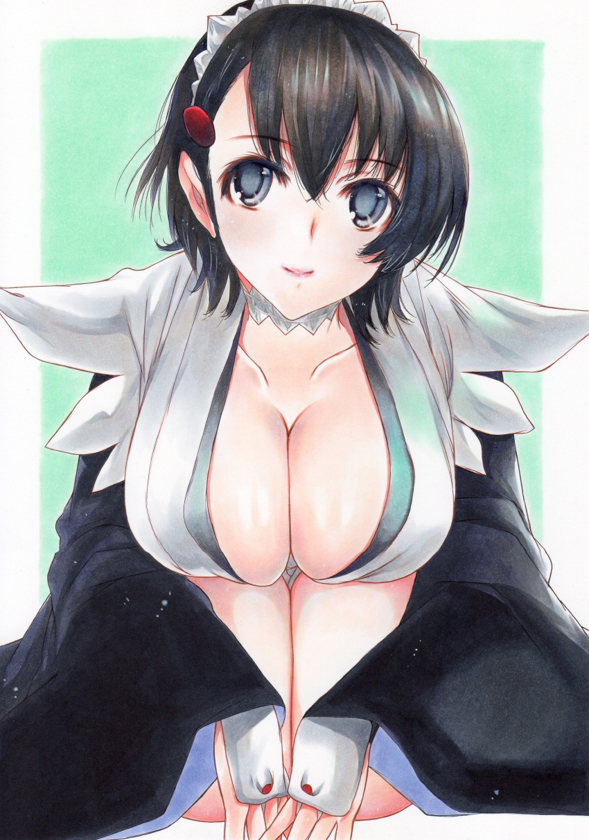 absurdres black_hair blush breasts choker cleavage closed_mouth collarbone commentary_request female hair_ornament hairclip highres iroha_(samurai_spirits) large_breasts lips long_sleeves looking_at_viewer maid maid_headdress ninja rozarin samurai_spirits seiza shiny_skin short_hair simple_background sitting smile solo traditional_media wide_sleeves