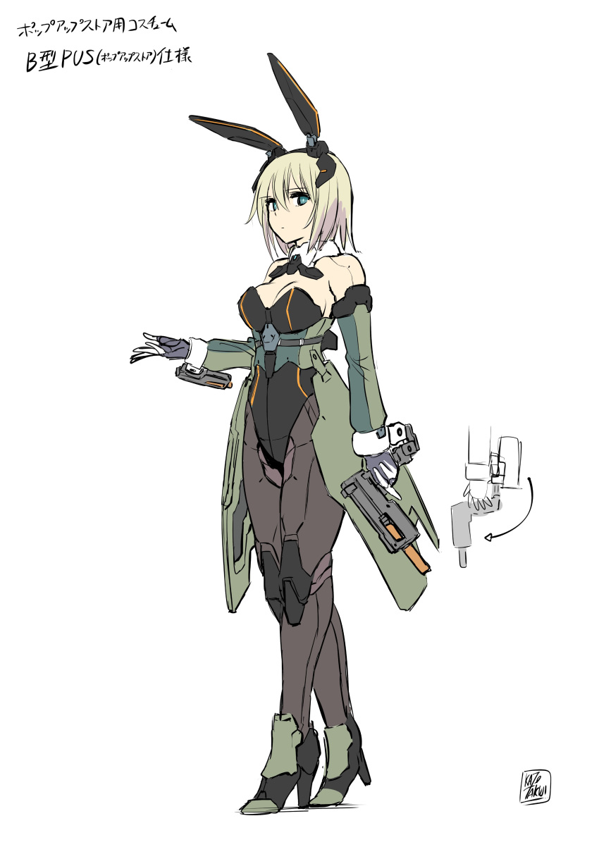 absurdres android animal_ears black_footwear black_leotard blonde_hair blue_eyes breasts detached_sleeves fake_animal_ears female full_body green_skirt gun hair_between_eyes high-waist_skirt high_heels highres holding holding_gun holding_weapon ishiyumi leotard looking_to_the_side mechanical_buddy_universe mechanical_ears mechanical_hands mechanical_legs medium_hair momdroid_(mechanical_buddy_universe) playboy_bunny skirt solo trigger_discipline weapon