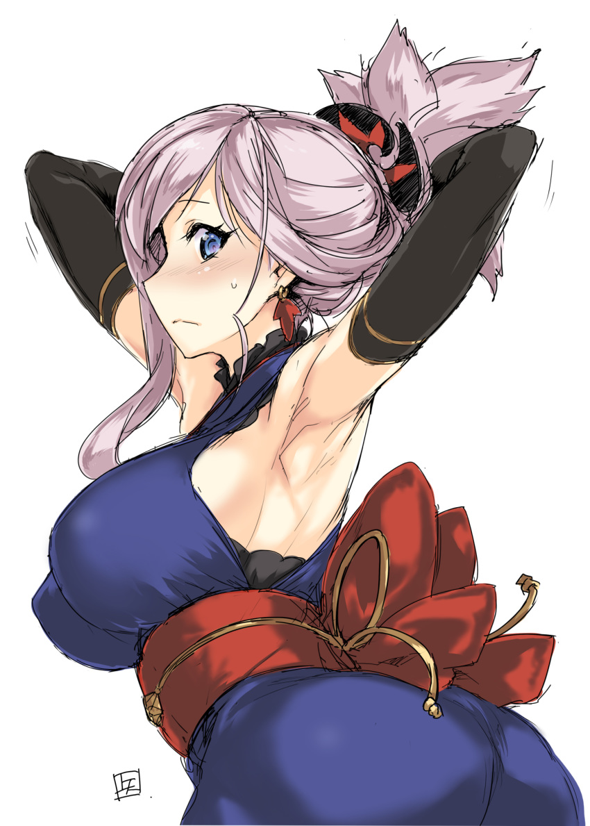 armpits arms_behind_head arms_up ass bare_shoulders blue_eyes blue_kimono blush breasts closed_mouth detached_sleeves earrings fate/grand_order fate_(series) female hair_ornament highres japanese_clothes jewelry kimono large_breasts long_hair looking_at_viewer looking_back miyamoto_musashi_(fate) obi pink_hair ponytail sash simple_background sleeveless sleeveless_kimono solo tooya_daisuke twisted_torso white_background