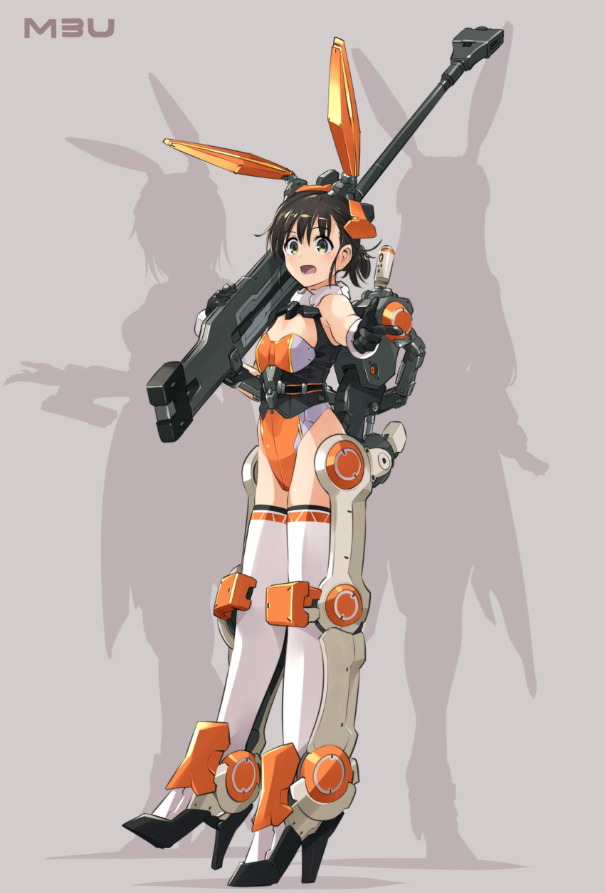 absurdres animal_ears black_footwear black_gloves blush breasts brown_eyes brown_hair cleavage_cutout clothing_cutout fake_animal_ears female finger_gun gloves grey_background gun hair_behind_ear hawkeye_girl_(mechanical_buddy_universe) high_heels highres holding holding_gun holding_weapon ishiyumi leotard looking_at_viewer mechanical_buddy_universe milady_(mechanical_buddy_universe) momdroid_(mechanical_buddy_universe) open_mouth orange_leotard playboy_bunny ponytail shadow silhouette small_breasts smile solo_focus thighhighs weapon white_thighhighs