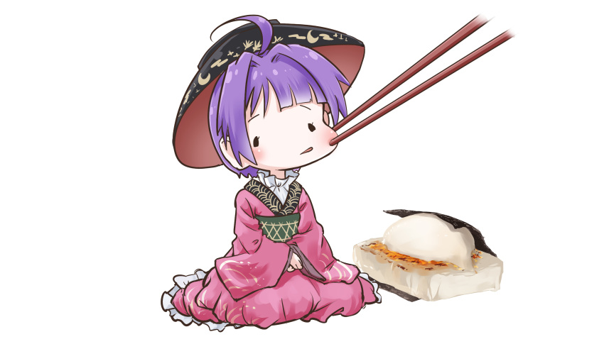 absurdres ahoge bowl bowl_hat chamaji cheek_pinching chibi chopsticks commentary_request female food hair_intakes hat highres isobeyaki japanese_clothes kimono long_sleeves mini_person minigirl mochi obi pinching pink_kimono purple_hair sash sitting solo sukuna_shinmyoumaru touhou white_background wide_sleeves