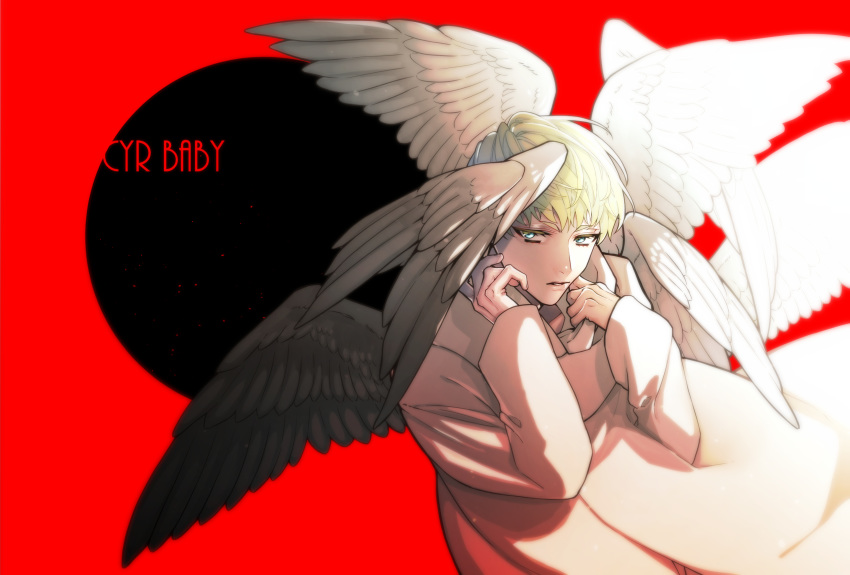 1boy asuka_ryou blonde_hair blue_eyes coat commentary copyright_name devilman devilman_crybaby english_commentary highres long_sleeves looking_at_viewer male_focus manogiichi multiple_wings parted_lips red_background sleeves_past_wrists solo typo upper_body white_coat wings