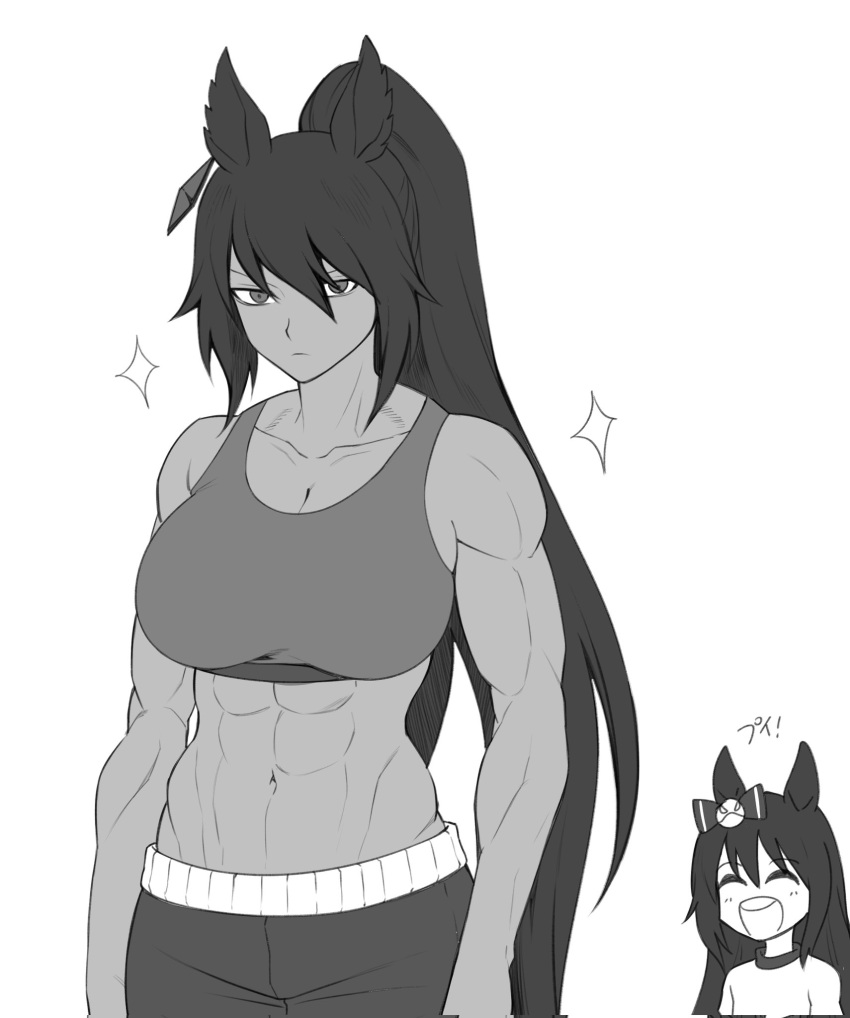 2girls abs animal_ears bare_shoulders bow breasts cleavage collarbone commentary dark-skinned_female dark_skin deep_impact_(umamusume) ear_bow earrings fukuro_(maruaru00) greyscale gym_shirt hair_between_eyes high_ponytail highres horse_ears horse_girl jewelry long_hair monochrome multiple_girls muscular muscular_female navel shirt simple_background single_earring sparkle sports_bra symboli_kris_s_(umamusume) teeth umamusume upper_teeth_only very_long_hair white_background