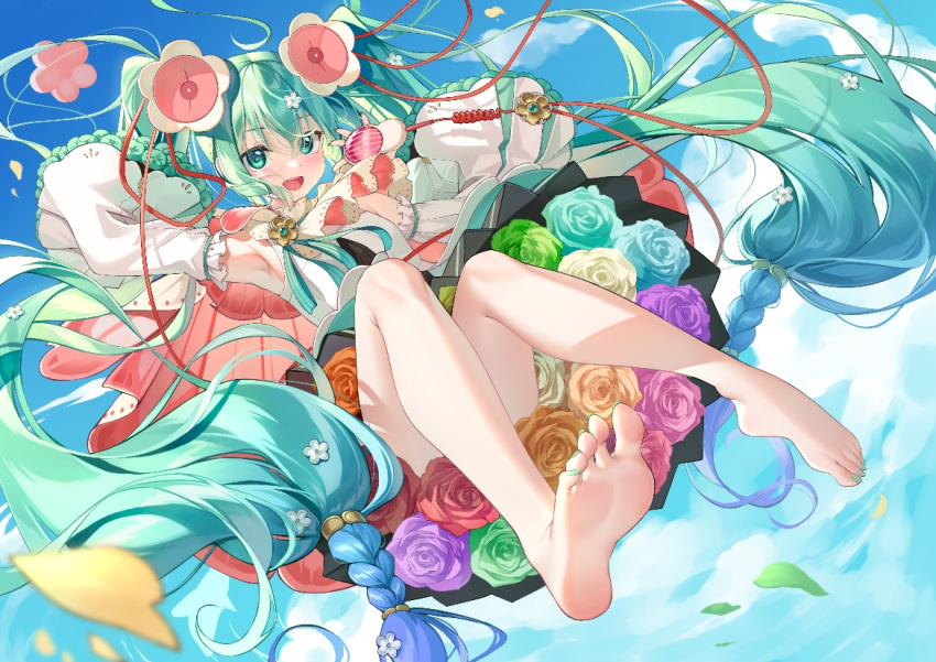 :d aqua_eyes aqua_flower aqua_hair aqua_rose bare_legs barefoot cable commentary detached_sleeves duplicate feet female floating flower flower_underskirt full_body green_flower green_rose hair_flower hair_ornament hatsune_miku headset holding holding_microphone long_hair looking_at_viewer magical_mirai_(vocaloid) magical_mirai_miku magical_mirai_miku_(2021) md5_mismatch meion microphone nail_polish orange_flower orange_rose purple_flower purple_rose red_flower red_rose resolution_mismatch rose smile soles solo source_larger speaker spring_onion toenail_polish toenails twintails very_long_hair vocaloid white_flower white_rose