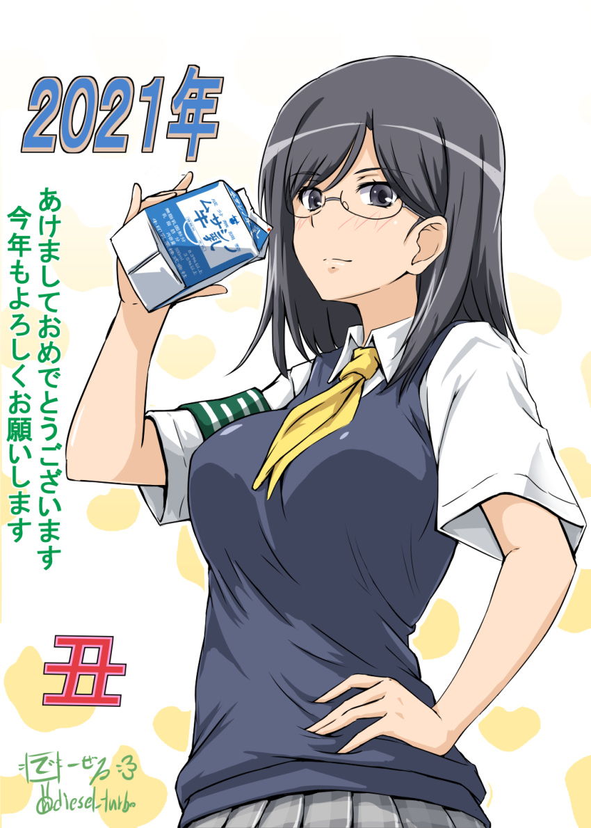 black_eyes black_hair blush breasts commentary_request diesel-turbo female glasses hand_on_own_hip highres konori_mii large_breasts long_hair looking_at_viewer milk_carton partial_commentary pleated_skirt school_uniform skirt solo toaru_kagaku_no_railgun toaru_majutsu_no_index translated ueda_kana voice_actor_connection