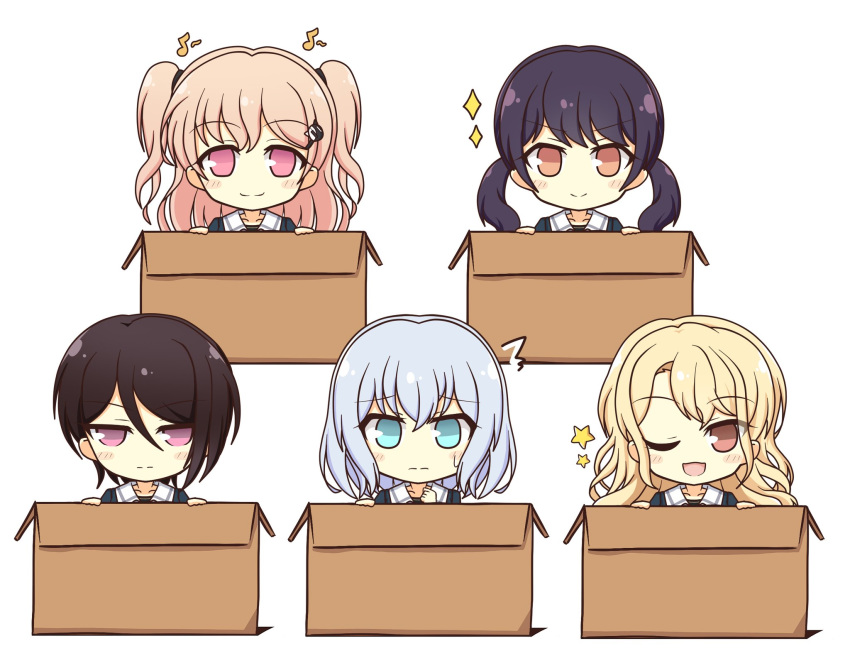 5girls ;d ^^^ asymmetrical_hair bang_dream! black_hair blonde_hair blue_eyes blue_serafuku blush_stickers box brown_eyes cardboard_box cat_hair_ornament closed_mouth collarbone commentary_request futaba_tsukushi grey_hair hair_between_eyes hair_ornament hair_tie hairclip hand_on_own_chest highres hiromachi_nanami in_box in_container kirigaya_toko kurata_mashiro long_hair long_sleeves looking_at_viewer low_twintails medium_hair morfonica multiple_girls musical_note one_eye_closed open_mouth pink_eyes purple_hair school_uniform serafuku short_hair sidelocks simple_background single_sidelock smile sparkle star_(symbol) sweatdrop teen_(teen629) tsukinomori_school_uniform twintails upper_body v-shaped_eyebrows white_background yashio_rui