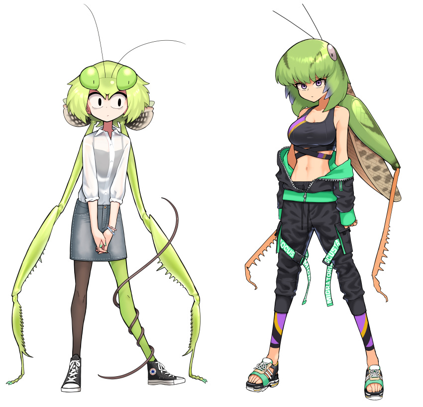 2girls absurdres antennae arthropod_girl asymmetrical_legwear black_legwear breasts bug camisole commentary_request denim denim_skirt evolvingmonkey full_body grasshopper grasshopper_inoue green_hair green_legwear highres mantis_akiyama mismatched_legwear multiple_girls navel off_shoulder original pantyhose parasite praying_mantis sandals see-through shoes short_hair simple_background skirt sneakers sports_bra toeless_footwear white_background worm