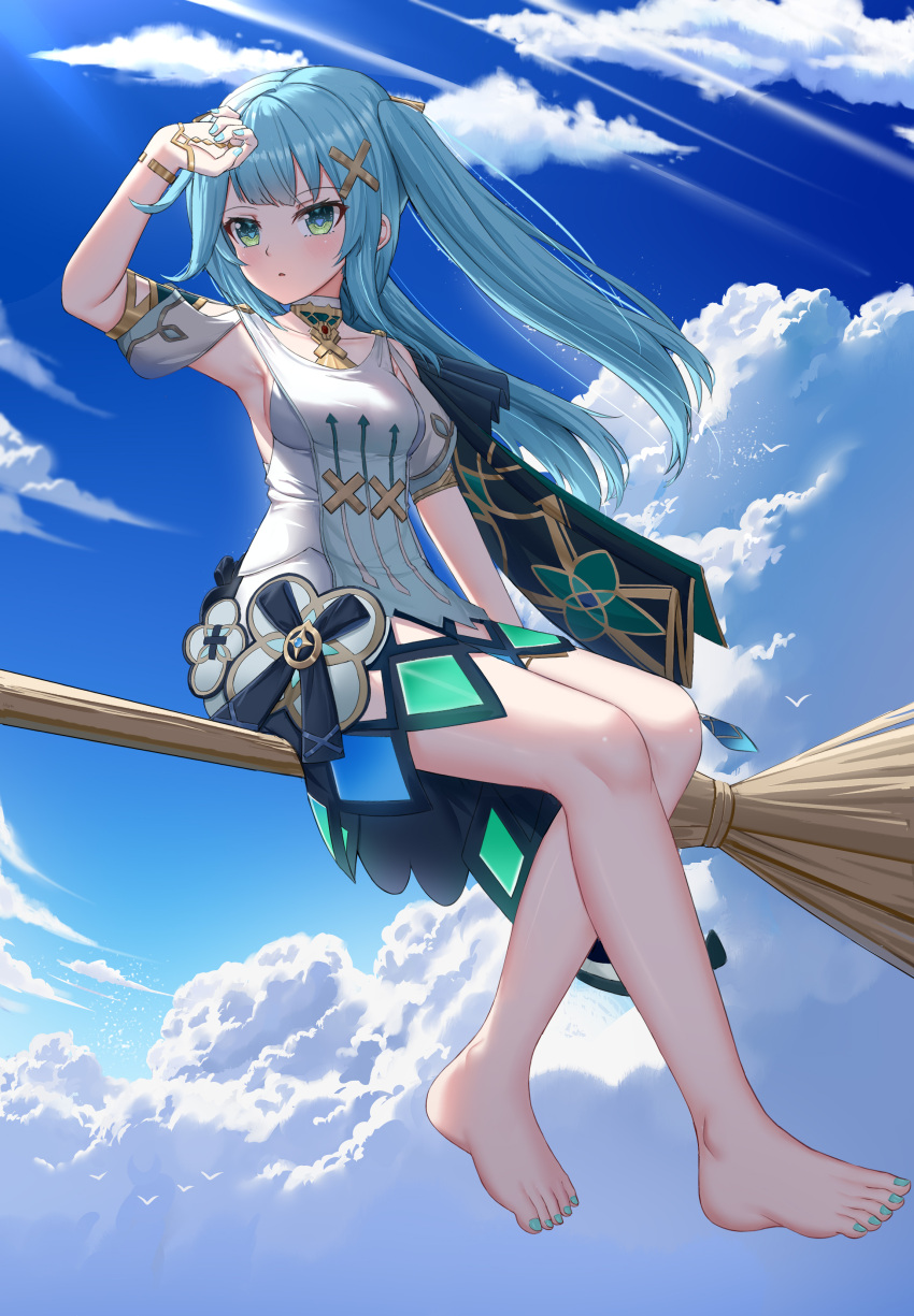 absurdres aqua_hair aqua_nails arm_up armlet armpits bare_legs barefoot breasts broom broom_riding chinese_commentary clothing_cutout cloud cloudy_sky collarbone commentary_request day dress faruzan_(genshin_impact) feet female floating_hair full_body genshin_impact hair_ornament highres knees_together_feet_apart legs long_hair looking_to_the_side miniskirt multicolored_clothes multicolored_skirt nail_polish outdoors parted_lips short_sleeves sidelocks sitting skirt skirt_cutout sky skym_(kumei) solo symbol-shaped_pupils toenail_polish toenails toes triangle-shaped_pupils twintails white_dress wristlet x_hair_ornament