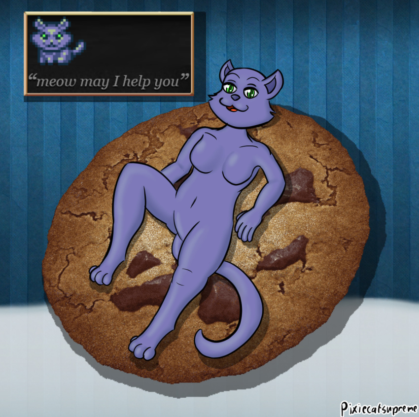 anthro blue_body blue_fur blue_nose cookie cookie_clicker domestic_cat felid feline felis femboy food fur green_eyes lying mammal milk on_back pixiecatsupreme smile text_box