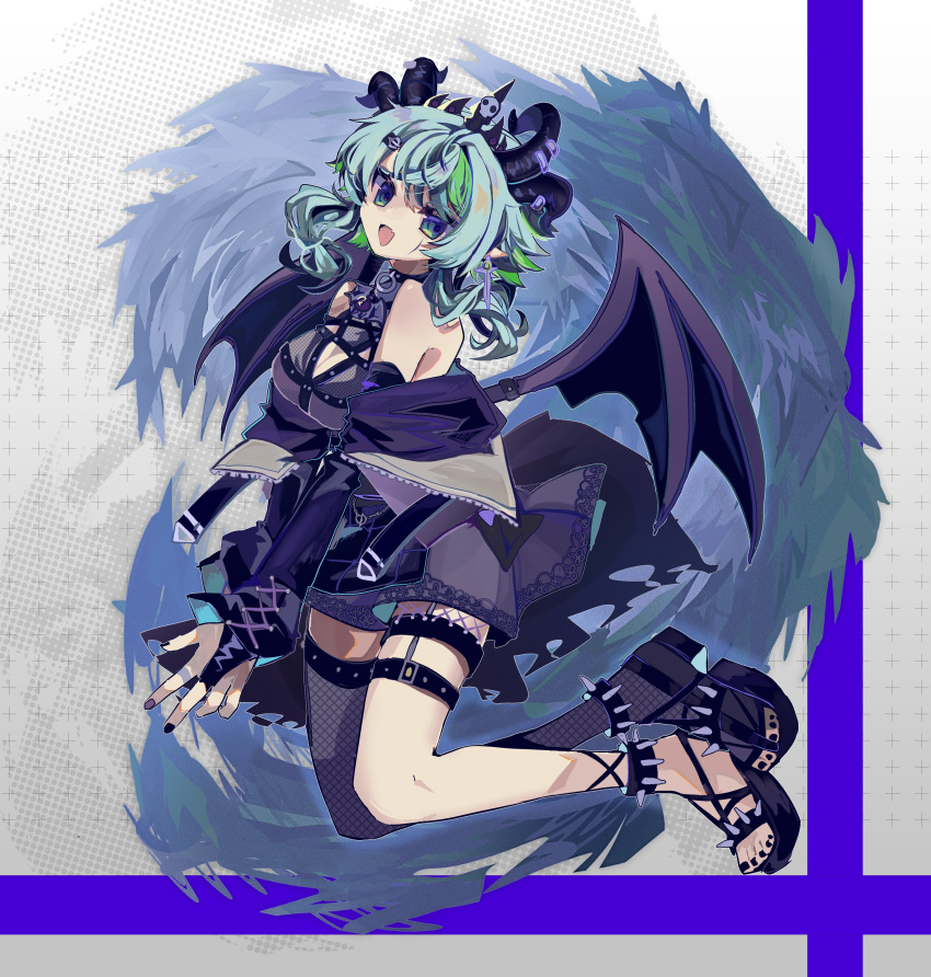 absurdres apricot_the_lich apricot_the_lich_(1st_costume) black_jacket black_nails blue_hair breasts cleavage commentary english_commentary female fjsk green_eyes green_hair highres horns jacket leaning_back looking_at_viewer medium_breasts multicolored_hair multiple_horns off_shoulder purple_nails second-party_source single_thighhigh smile solo spikes thigh_strap thighhighs virtual_youtuber vshojo wings