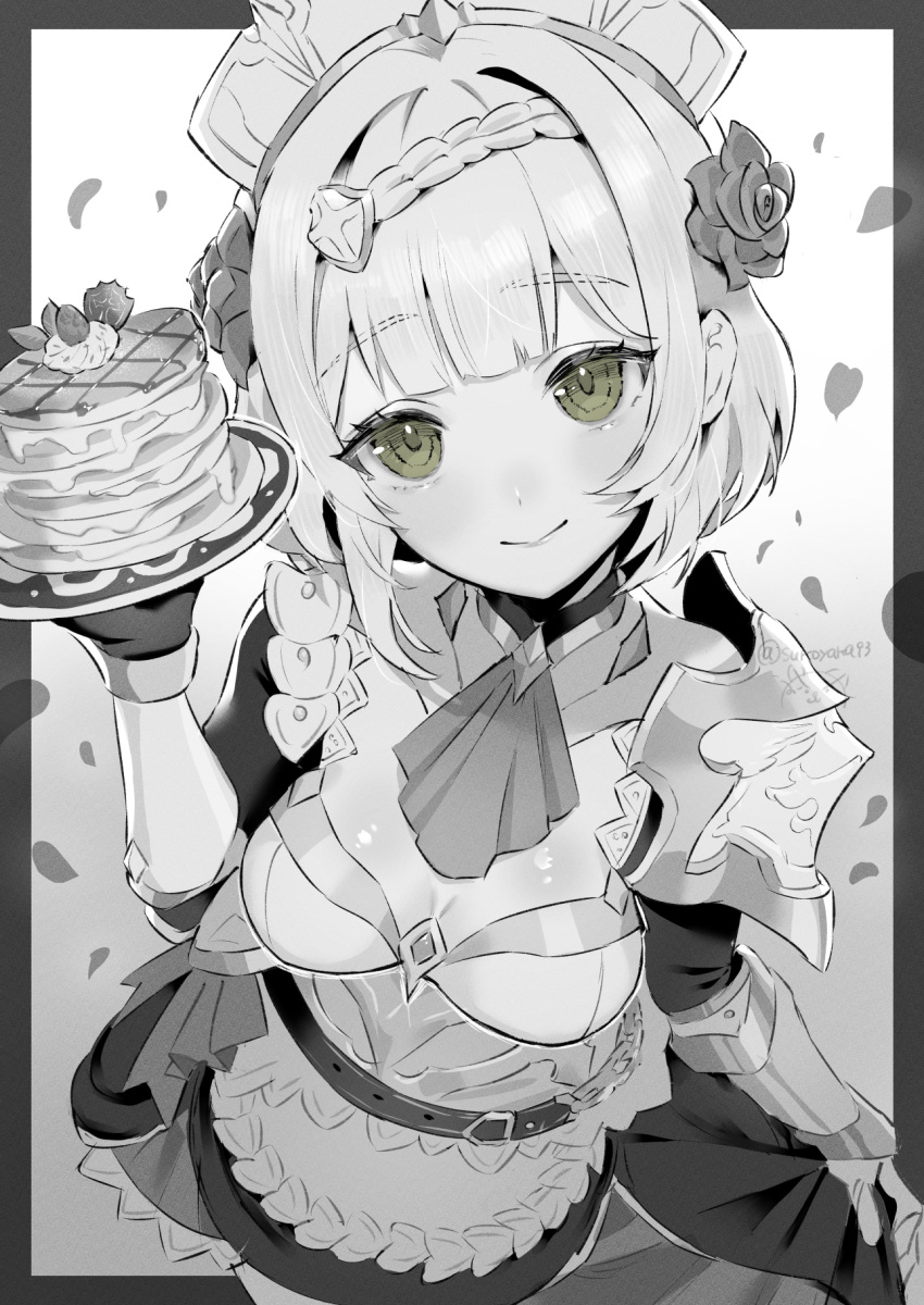 apron armor ascot braid breasts cleavage closed_mouth cowboy_shot falling_petals female flower food genshin_impact green_eyes hair_flower hair_ornament highres holding holding_plate lighter-than-air_pancake_(genshin_impact) maid maid_apron maid_headdress medium_breasts monochrome noelle_(genshin_impact) pancake pancake_stack petals plate rose short_hair shoulder_armor skirt_hold smile solo sukoyaka93