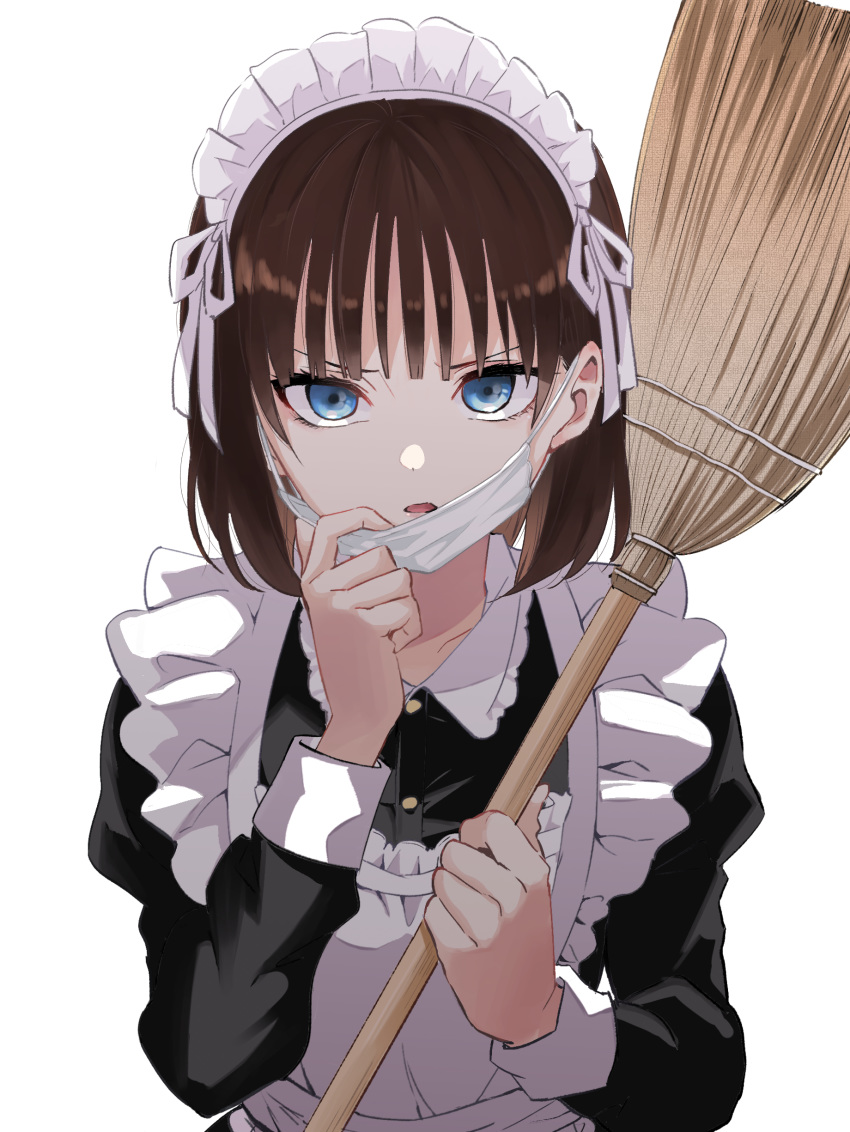 absurdres apron black_dress blue_eyes broom brown_hair commentary dress eyebrows_hidden_by_hair female frilled_apron frills hand_up highres holding holding_broom juliet_sleeves long_sleeves looking_at_viewer maid maid_apron maid_headdress mask mask_pull mouth_mask natsupa original parted_lips puffy_sleeves pulling_own_clothes shadow simple_background solo surgical_mask upper_body v-shaped_eyebrows white_apron white_background