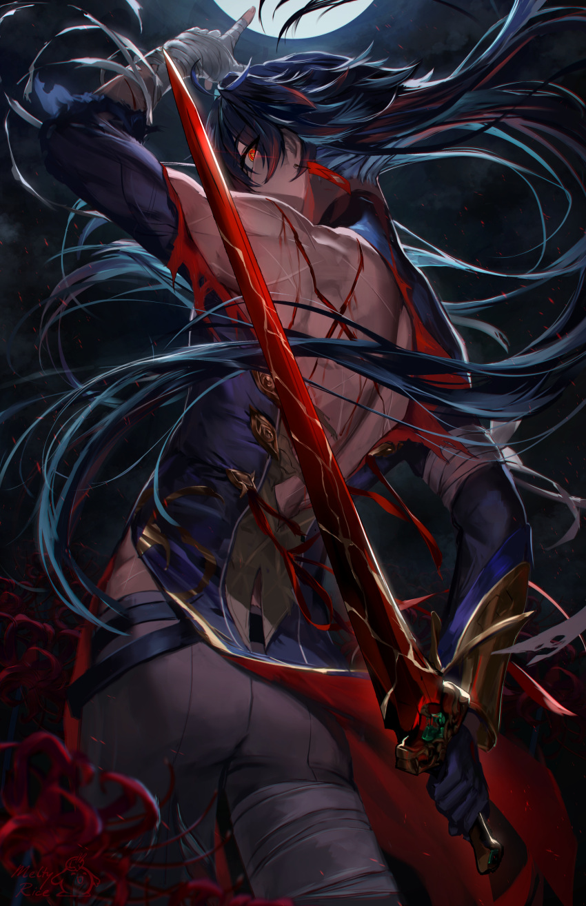 1boy absurdres arm_behind_back arm_up bandaged_hand bandages black_gloves black_hair blade_(honkai:_star_rail) blood floating_hair from_behind gloves hanafuda_earrings highres holding holding_sword holding_weapon honkai:_star_rail honkai_(series) long_hair long_sleeves looking_at_viewer looking_back meltyrice pants sword torn_clothes very_long_hair weapon